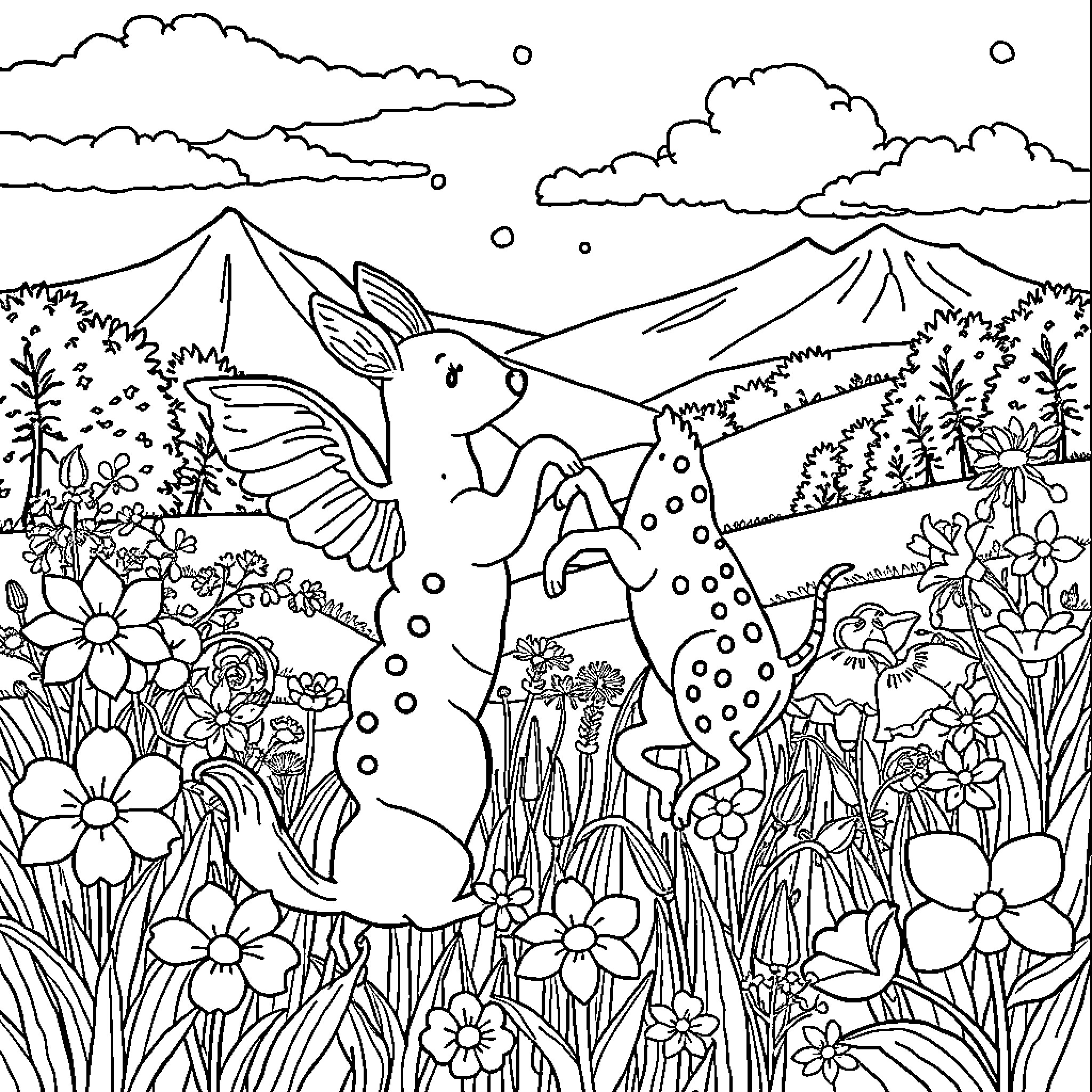 Animal enjoying nature's beauty in the floral meadow Coloring Page (free black-and-white line drawing printable PDF for all, from beginners to advanced learners, including children, teens, adults, and seniors)