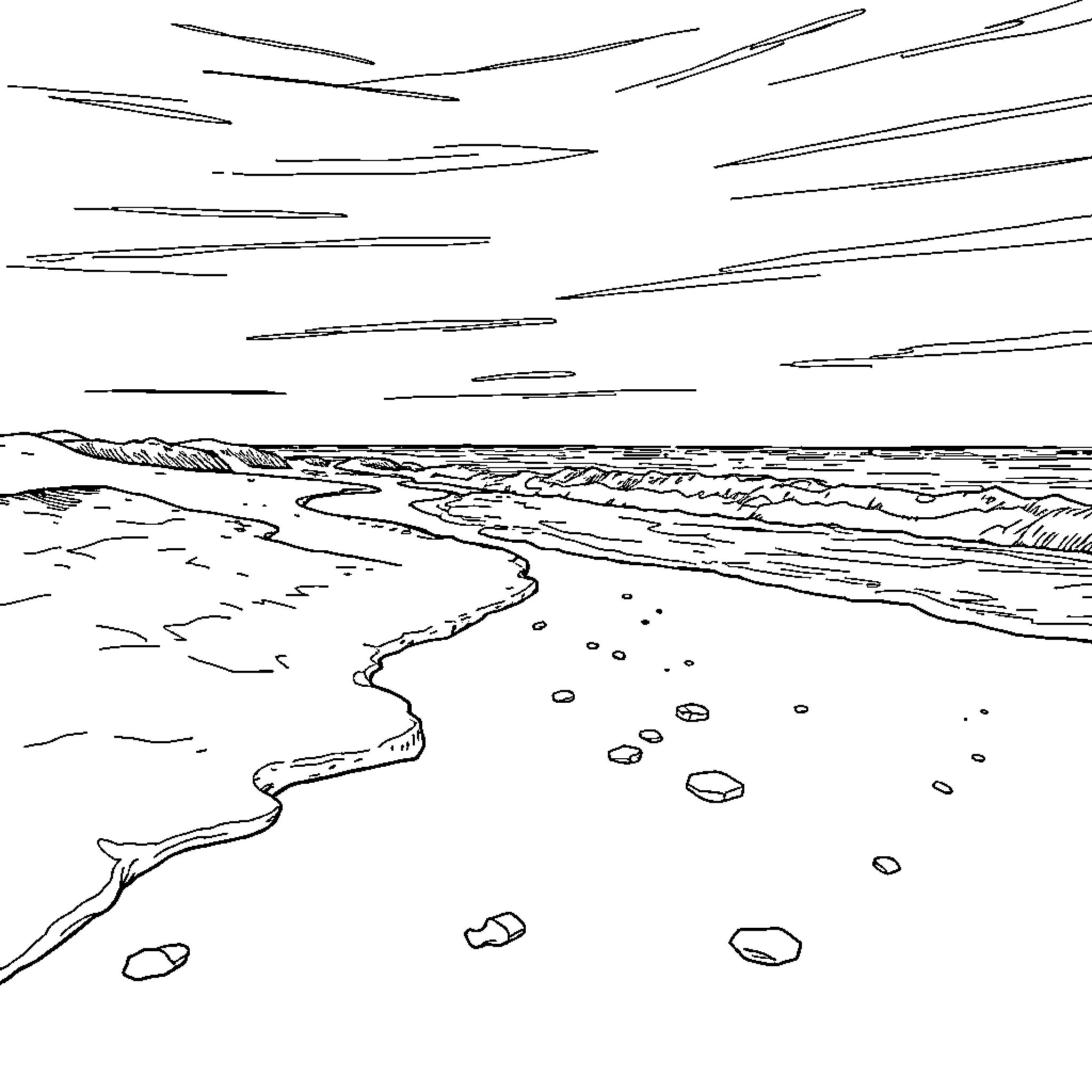 Frozen Seascape with Dramatic Clouds Coloring Page (free black-and-white line drawing printable PDF for all, from beginners to advanced learners, including children, teens, adults, and seniors)