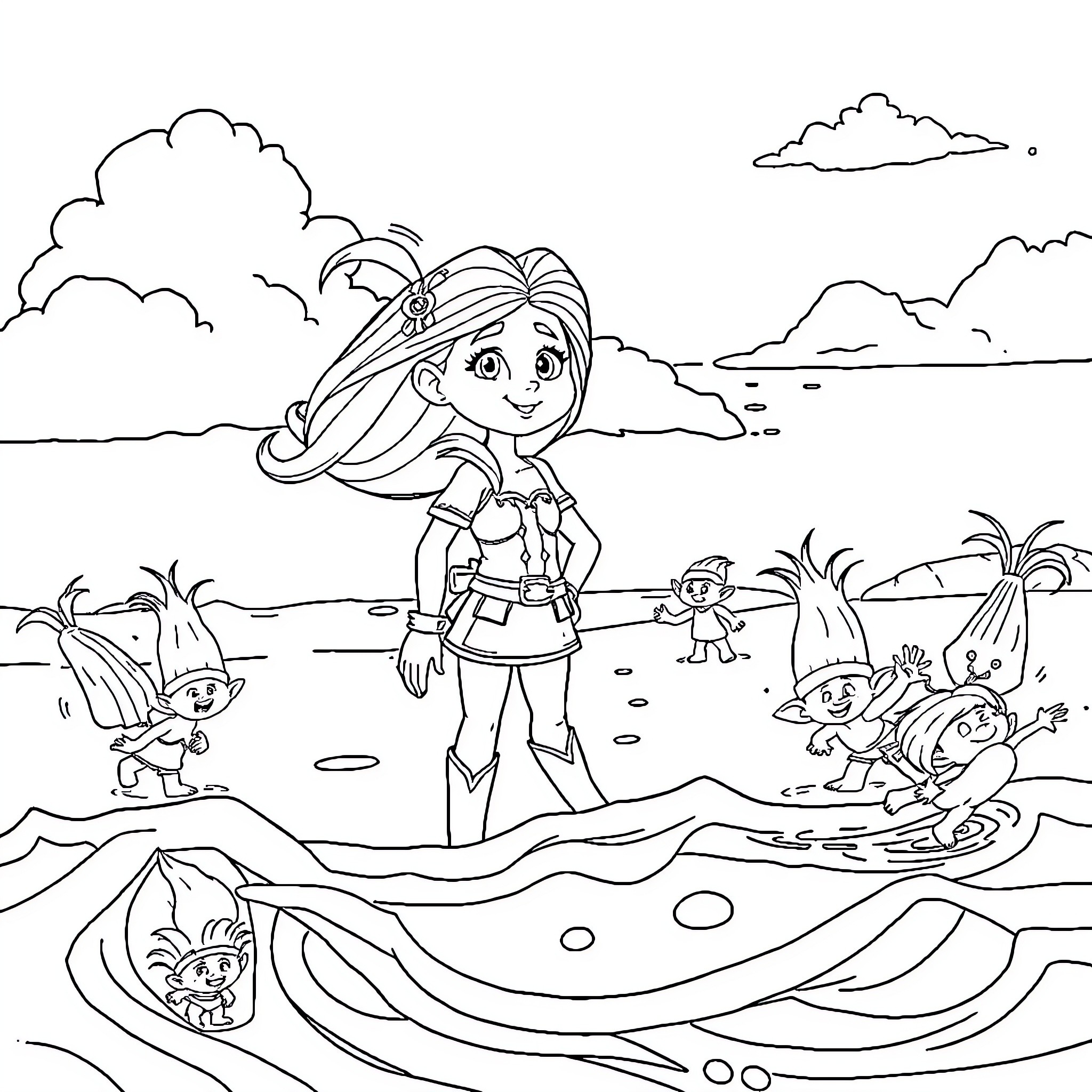 Barbie embarking on a tropical adventure with friends Coloring Page (free black-and-white line drawing printable PDF for all, from beginners to advanced learners, including children, teens, adults, and seniors)