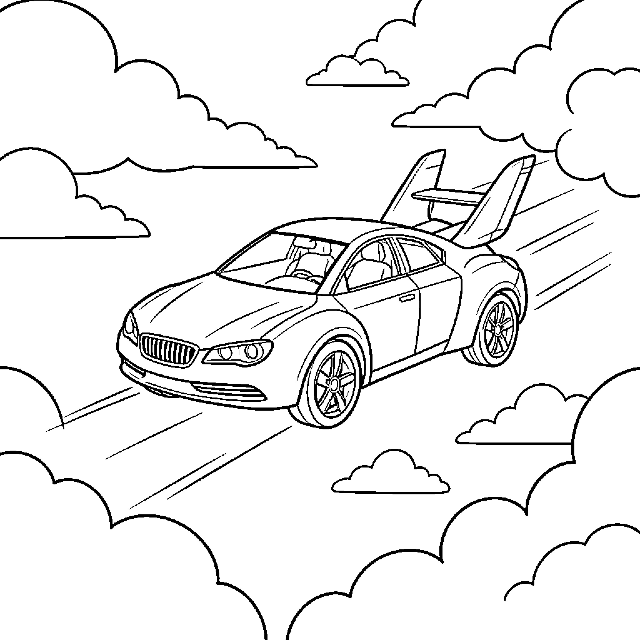 Flying Car soaring through the clouds in the sky Coloring Page (free black-and-white line drawing printable PDF for all, from beginners to advanced learners, including children, teens, adults, and seniors)