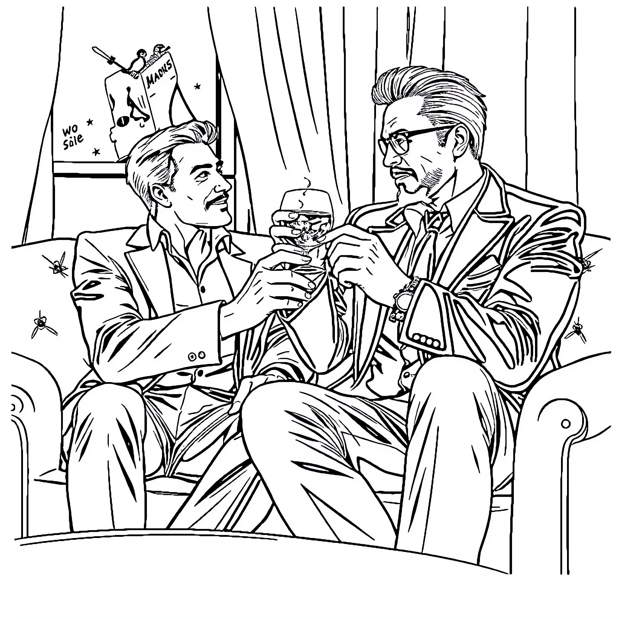 Christian Grey Toasting with a Business Partner Coloring Page (free black-and-white line drawing printable PDF for all, from beginners to advanced learners, including children, teens, adults, and seniors)