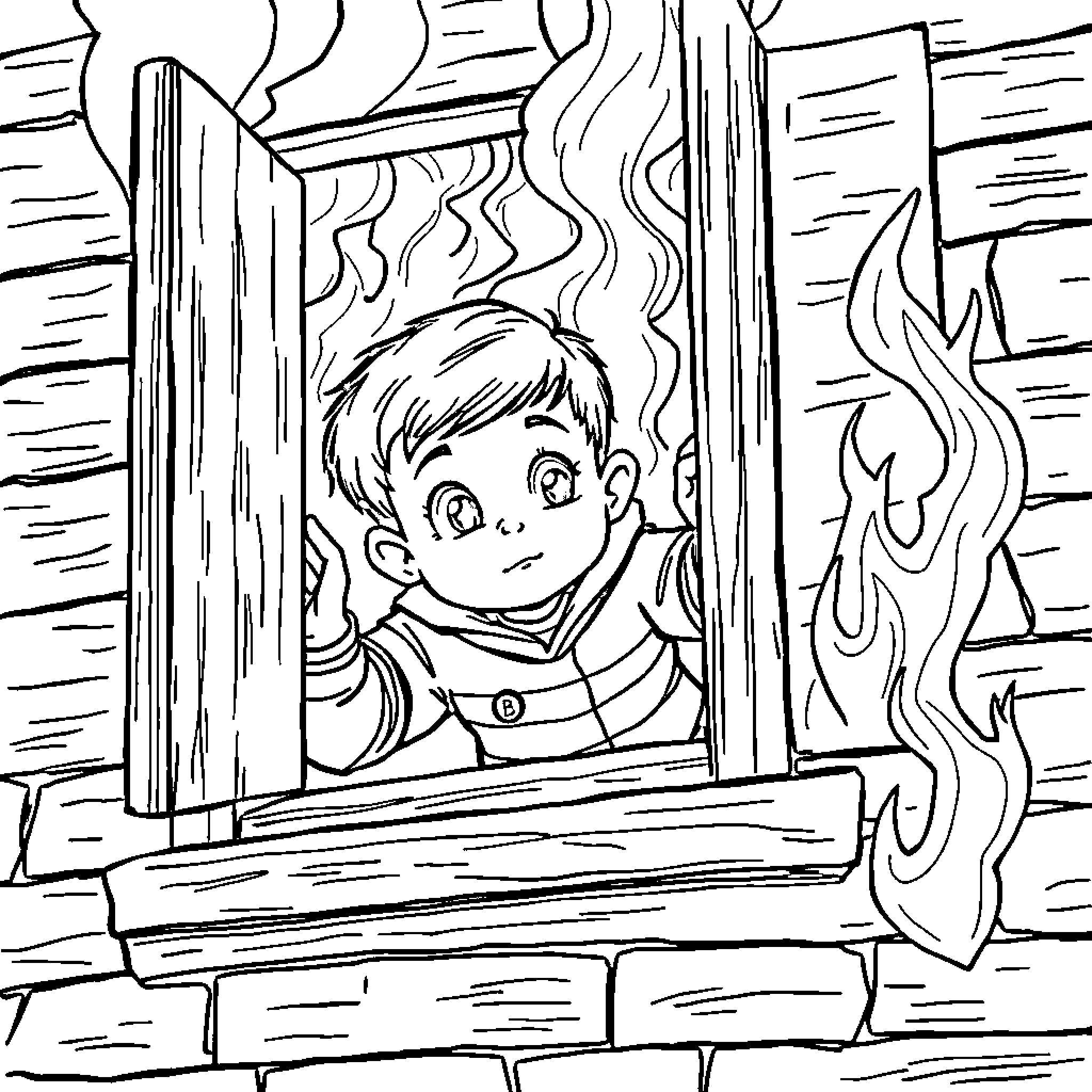 John Wesley peering out from a burning window Coloring Page (free black-and-white line drawing printable PDF for all, from beginners to advanced learners, including children, teens, adults, and seniors)