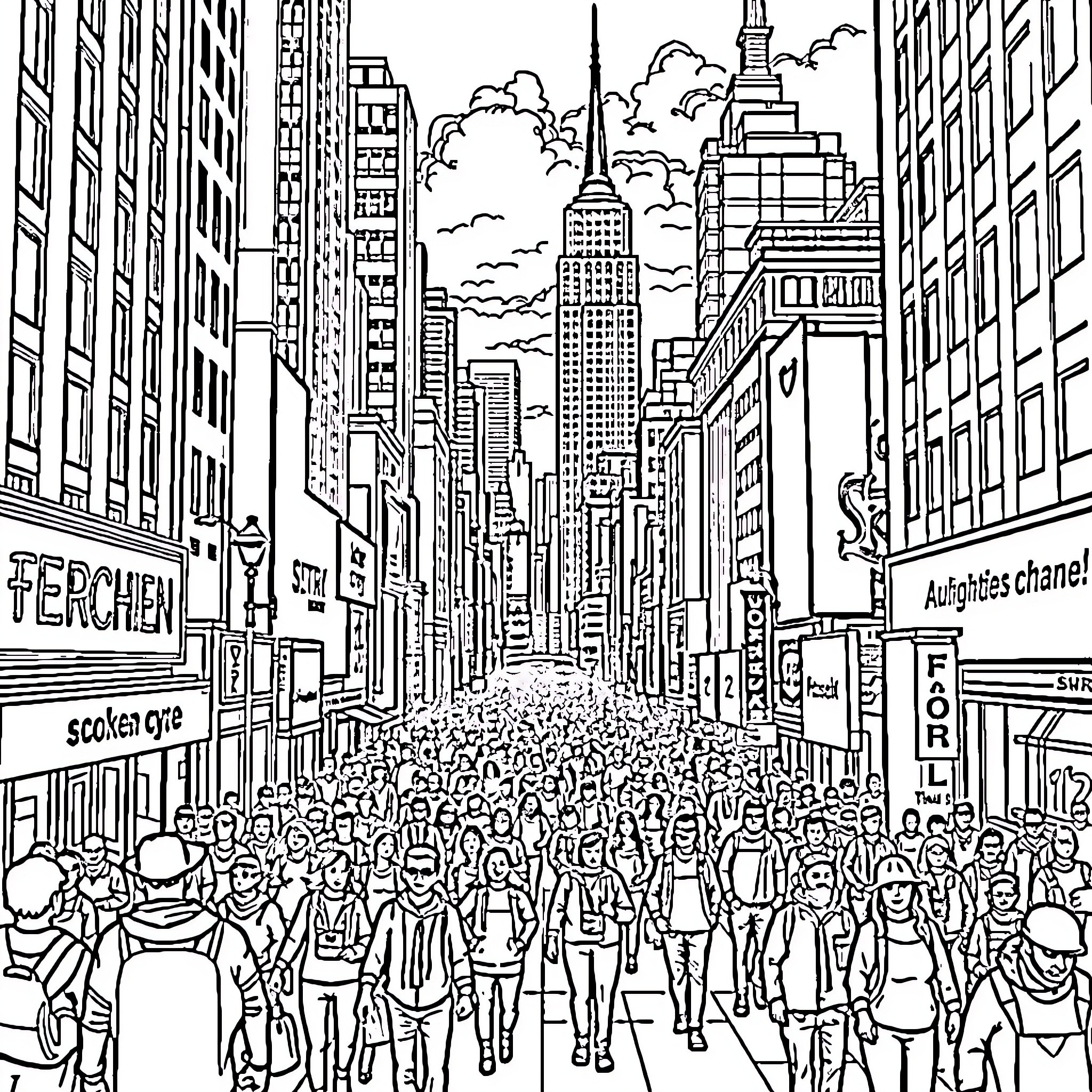 City of lively crowds and bustling streets Coloring Page (free black-and-white line drawing printable PDF for all, from beginners to advanced learners, including children, teens, adults, and seniors)