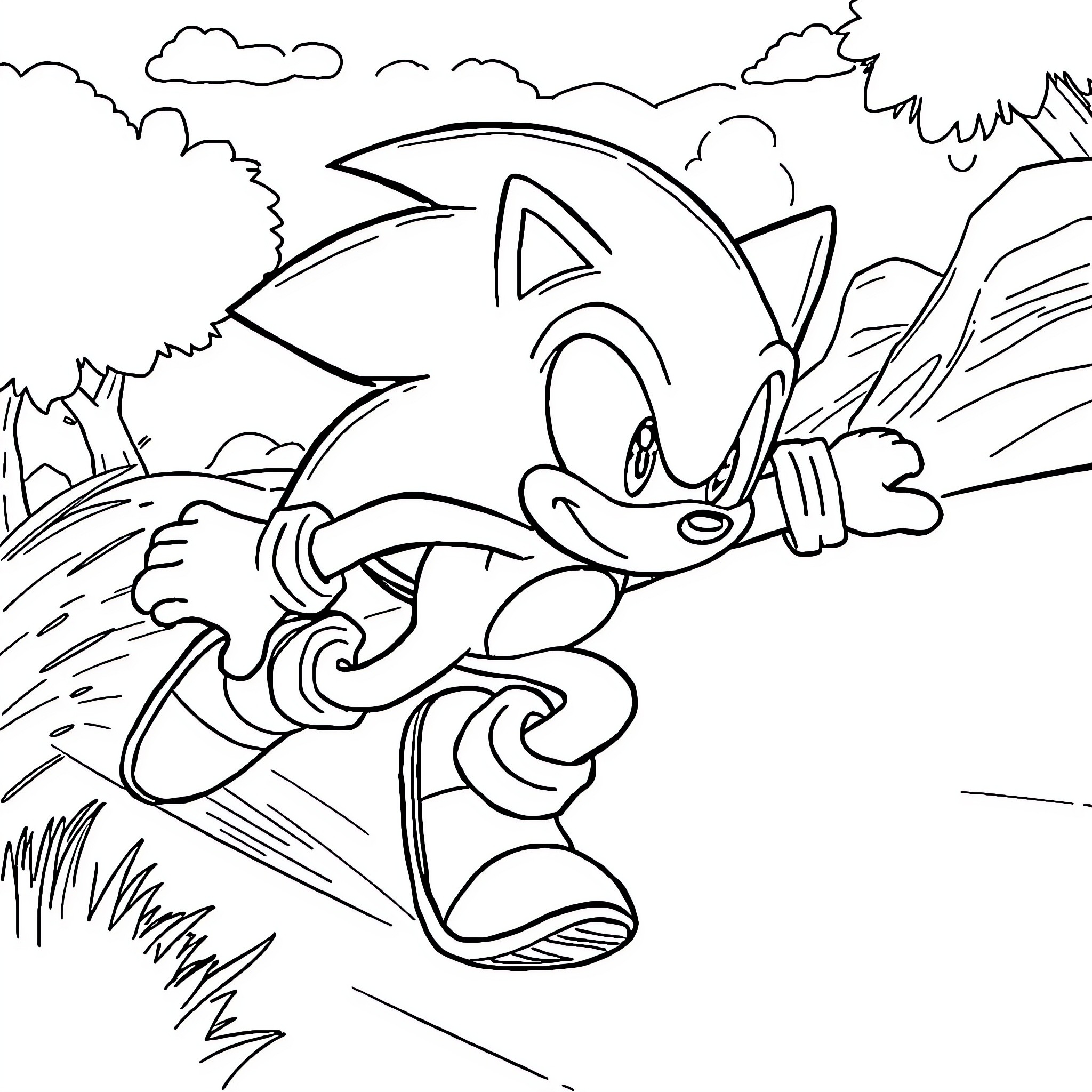 Sonic dashing through the forest Coloring Page (free black-and-white line drawing printable PDF for all, from beginners to advanced learners, including children, teens, adults, and seniors)
