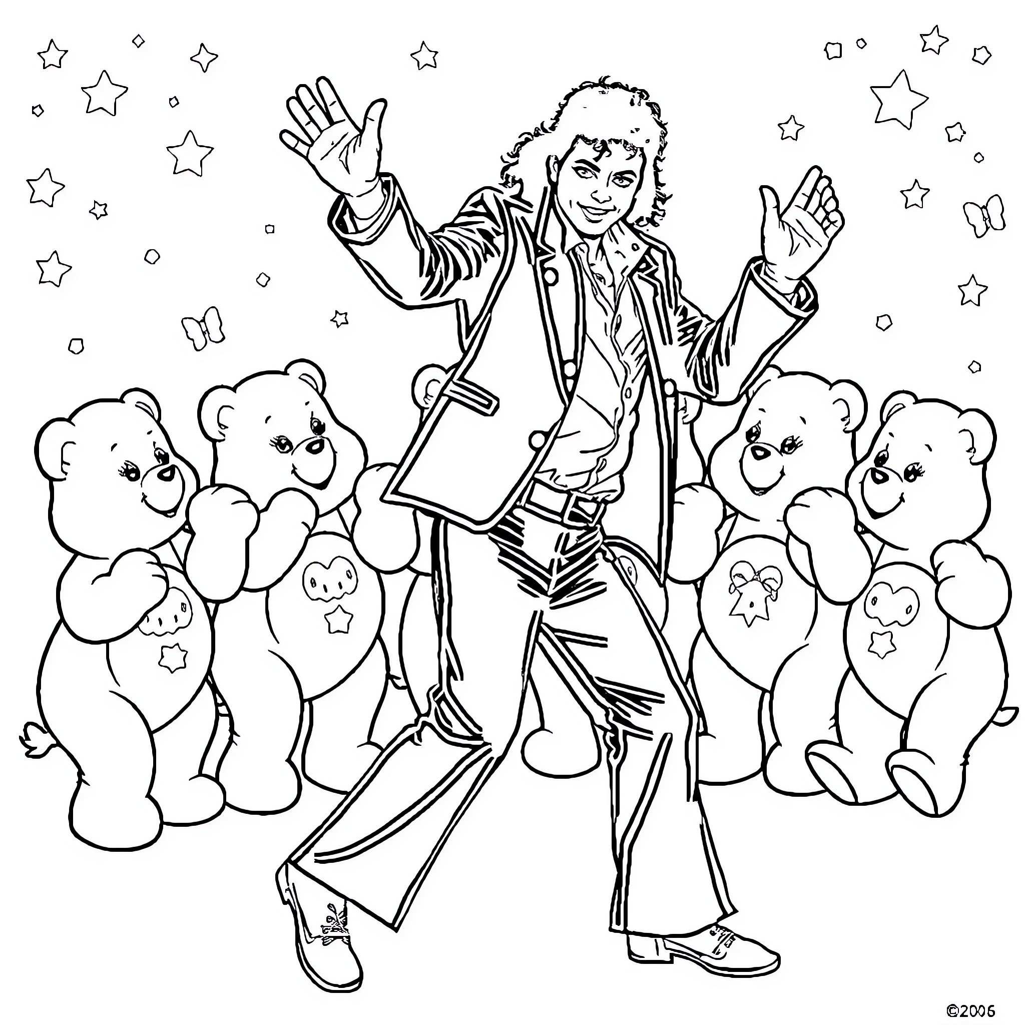 Michael Jackson Performing Joyfully with Teddy Bears Coloring Page (free black-and-white line drawing printable PDF for all, from beginners to advanced learners, including children, teens, adults, and seniors)