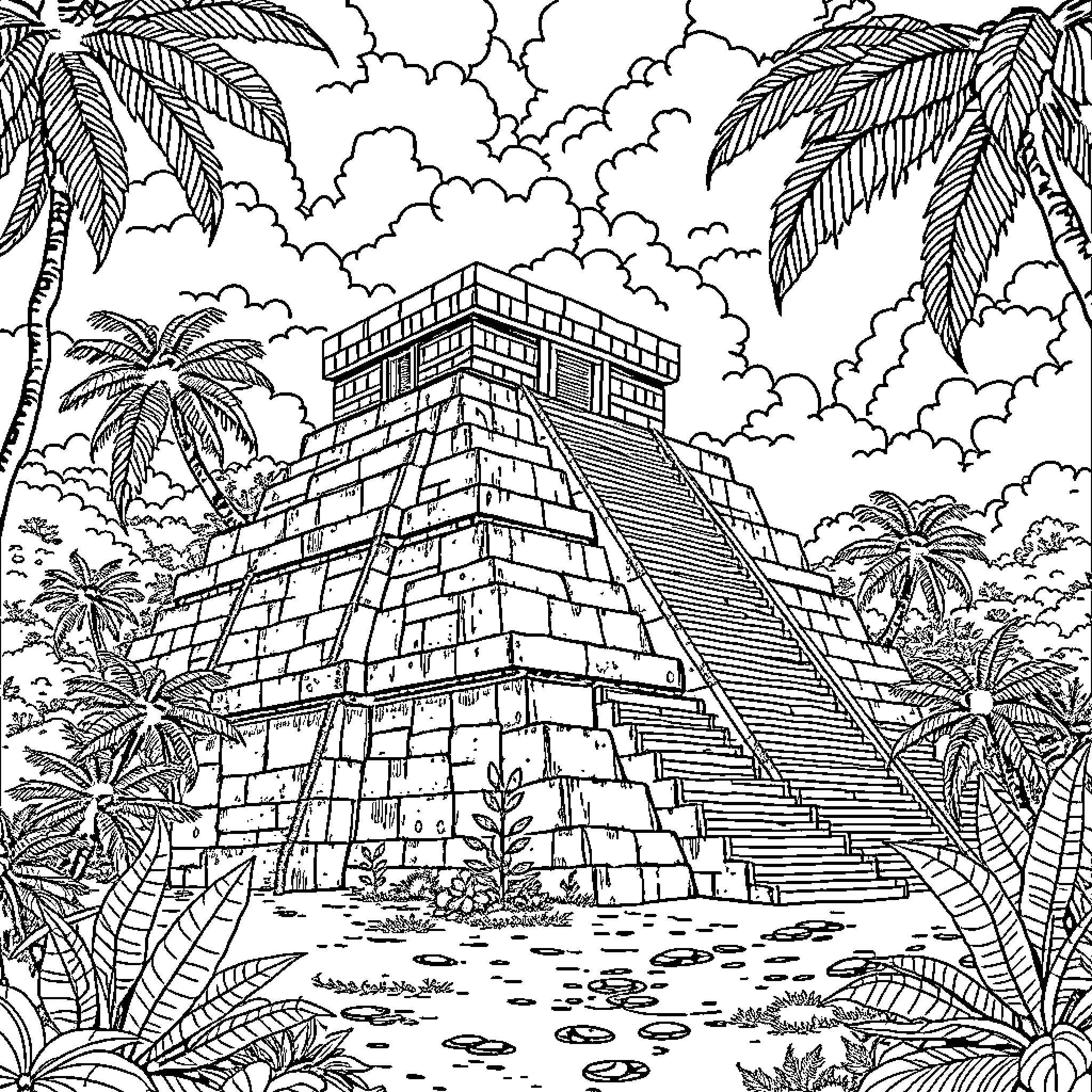 Mayan Pyramid in Jungle Landscape Coloring Page (free black-and-white line drawing printable PDF for all, from beginners to advanced learners, including children, teens, adults, and seniors)