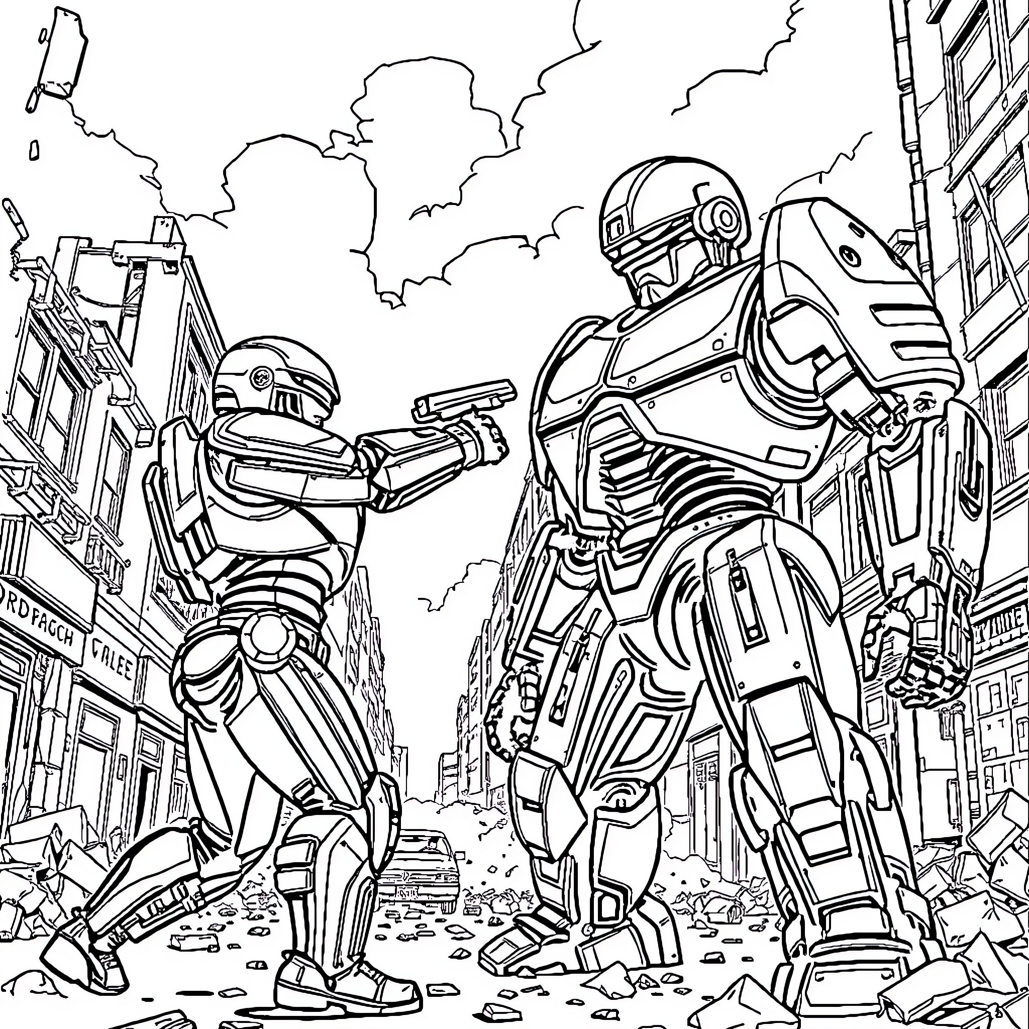 Robocop and Mechanized Enforcers Patrol the Dystopian City Coloring Page (free black-and-white line drawing printable PDF for all, from beginners to advanced learners, including children, teens, adults, and seniors)