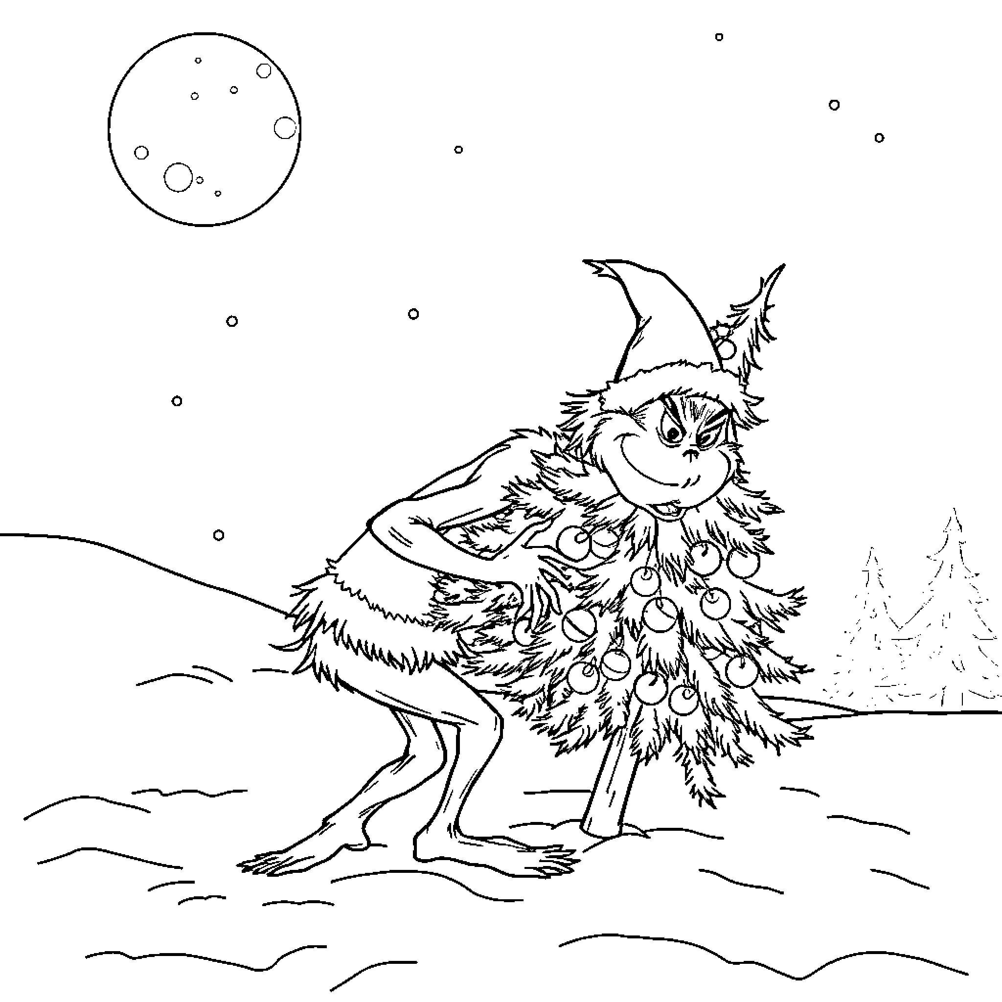Grinch in a wintery wonderland Coloring Page (free black-and-white line drawing printable PDF for all, from beginners to advanced learners, including children, teens, adults, and seniors)