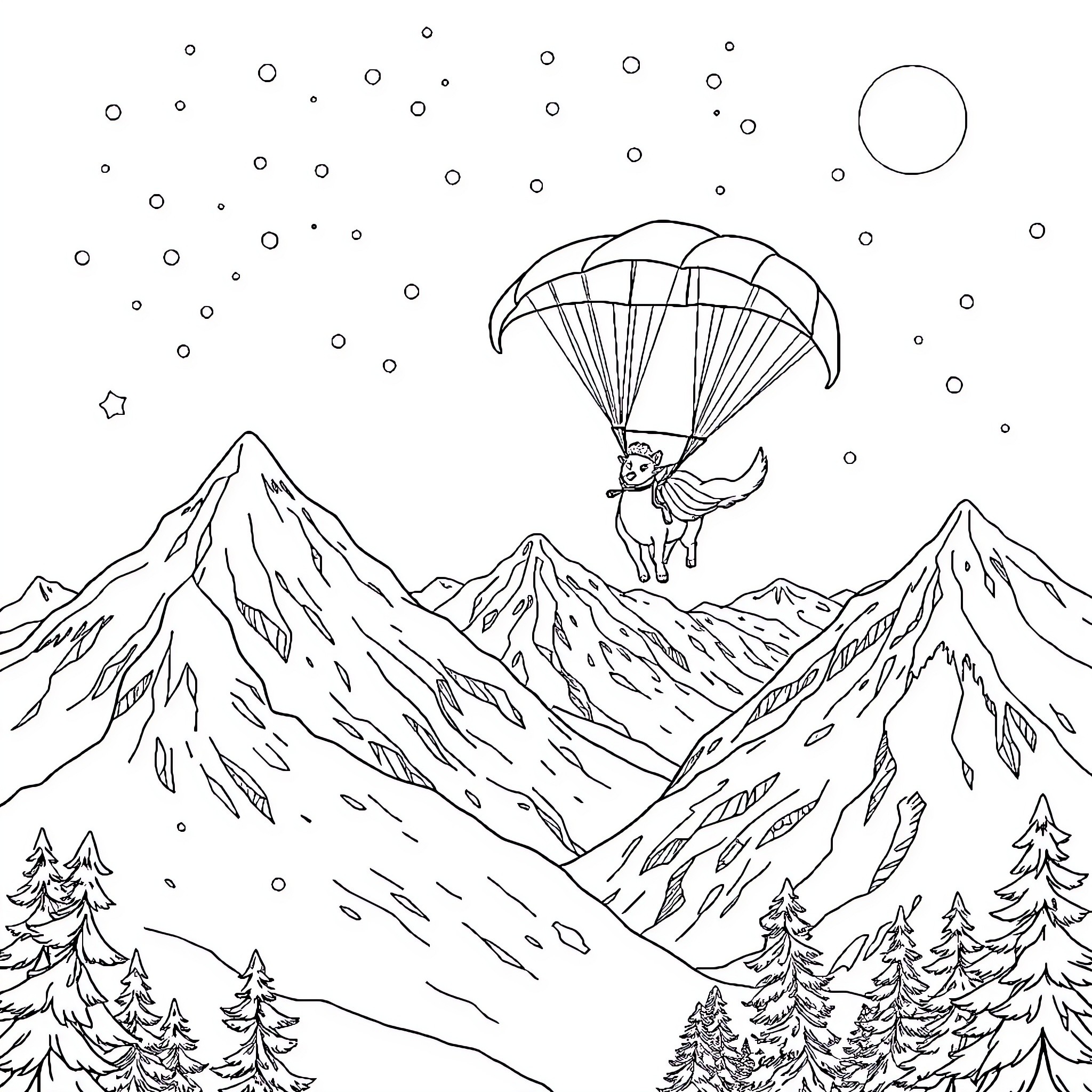 Queen's Adventurous Parachute Descent over Mountainous Terrain Coloring Page (free black-and-white line drawing printable PDF for all, from beginners to advanced learners, including children, teens, adults, and seniors)