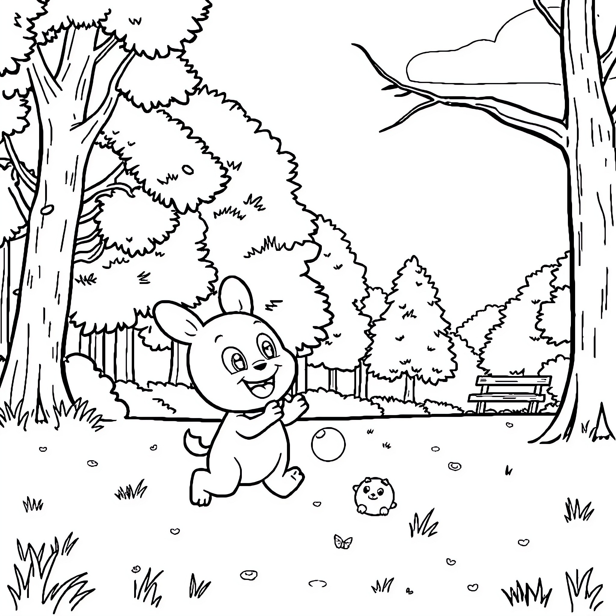 Blippy's Cheerful Outdoor Adventure Coloring Page (free black-and-white line drawing printable PDF for all, from beginners to advanced learners, including children, teens, adults, and seniors)