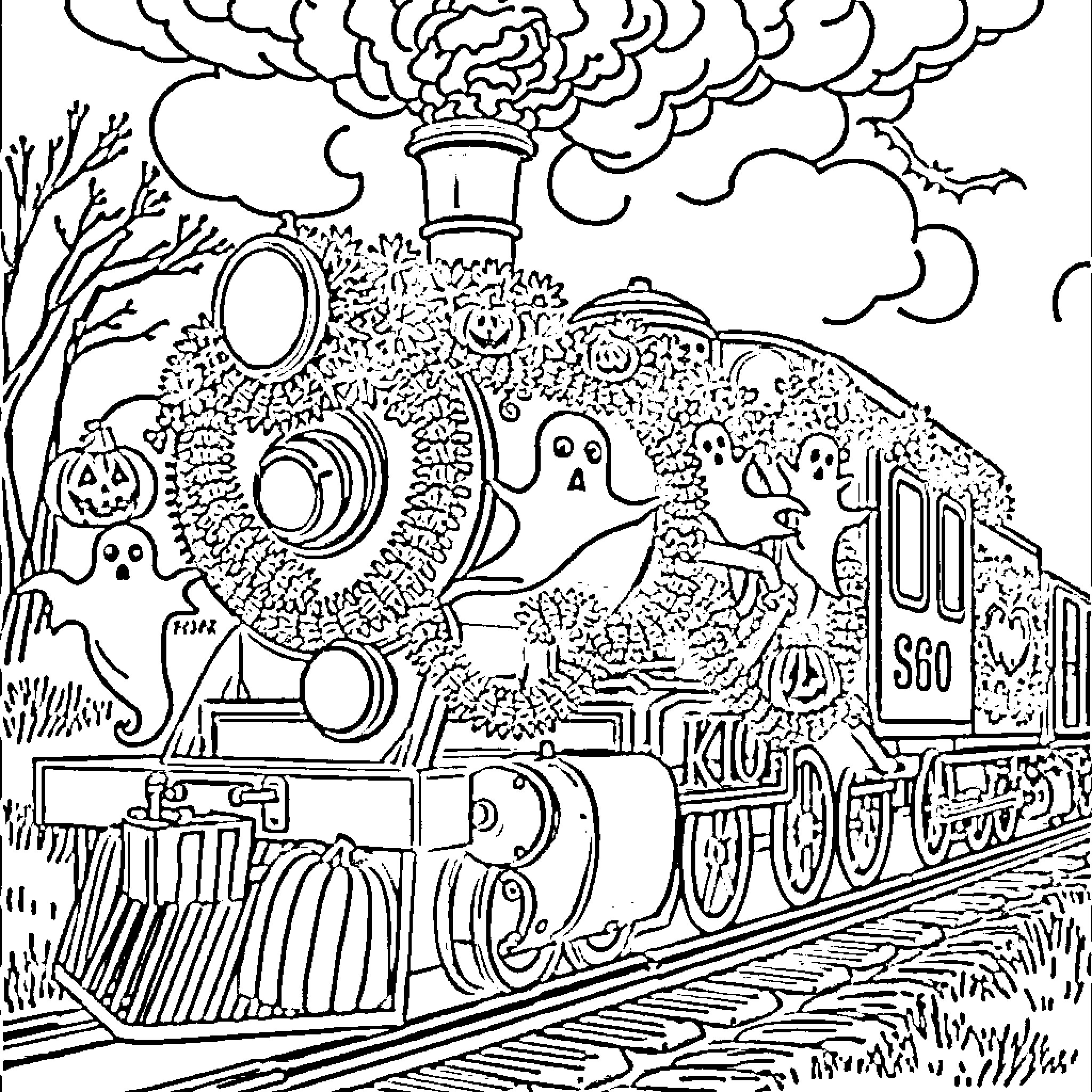 Steam Train Filled with Spooky Halloween Decorations Coloring Page (free black-and-white line drawing printable PDF for all, from beginners to advanced learners, including children, teens, adults, and seniors)