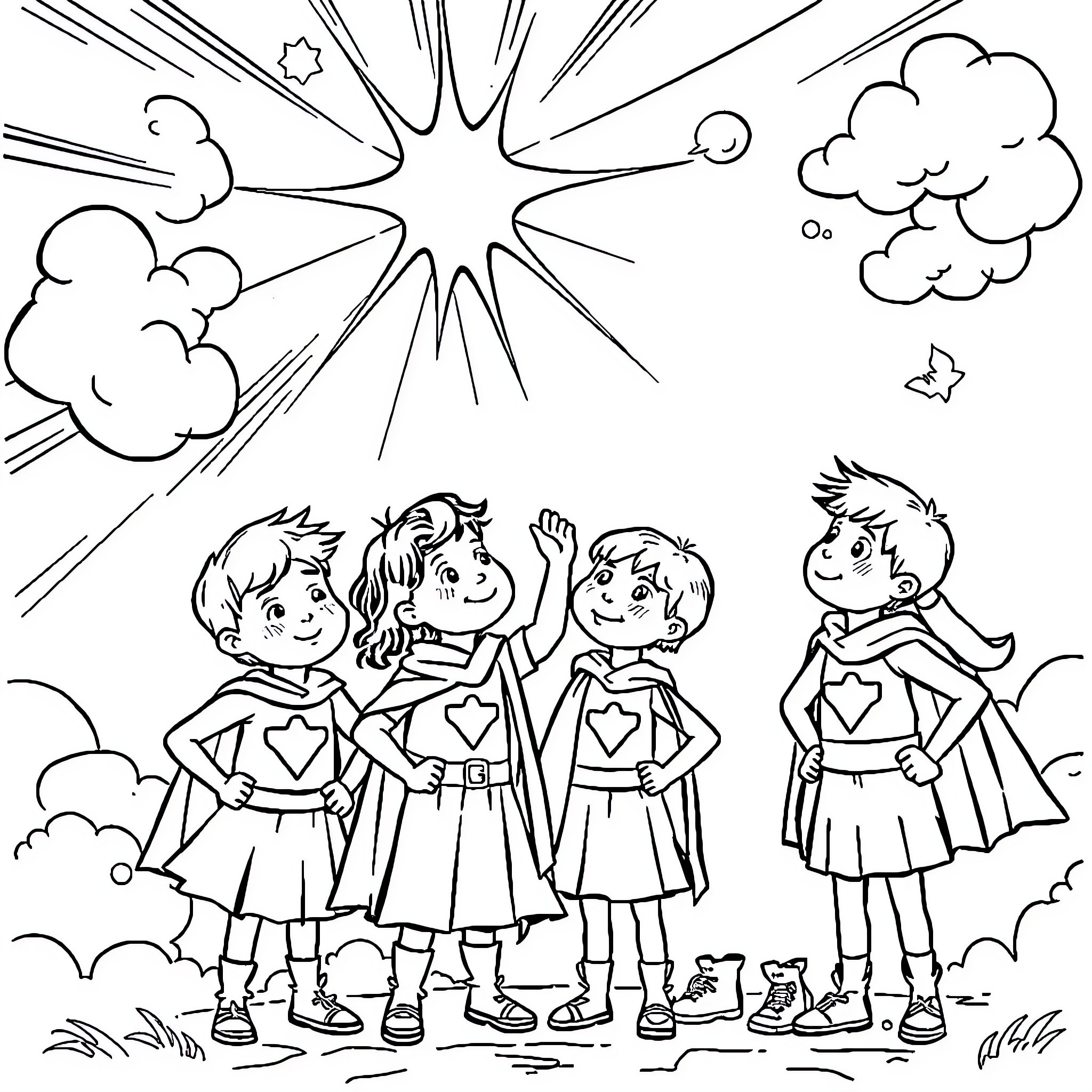 Holy Spirit guiding children in the sky Coloring Page (free black-and-white line drawing printable PDF for all, from beginners to advanced learners, including children, teens, adults, and seniors)