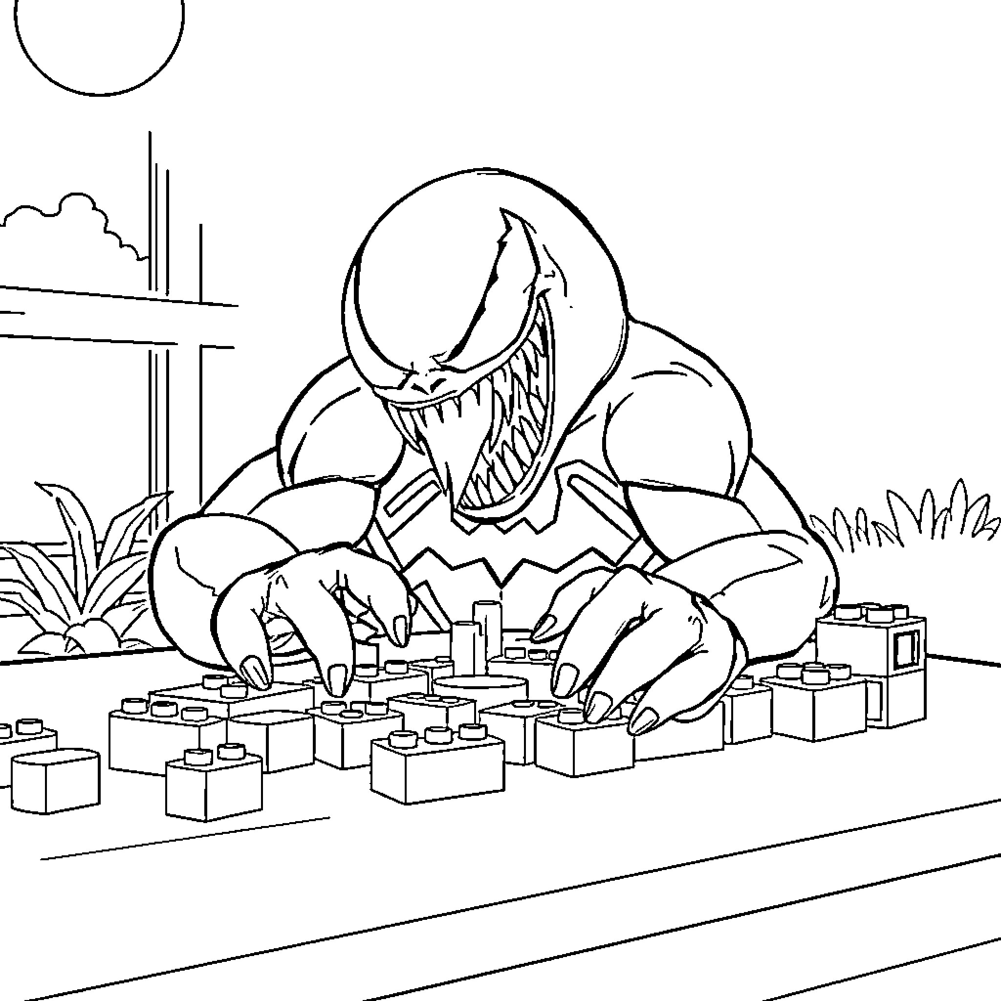 Venom Consuming Destructive Debris in Urban Landscape Coloring Page (free black-and-white line drawing printable PDF for all, from beginners to advanced learners, including children, teens, adults, and seniors)