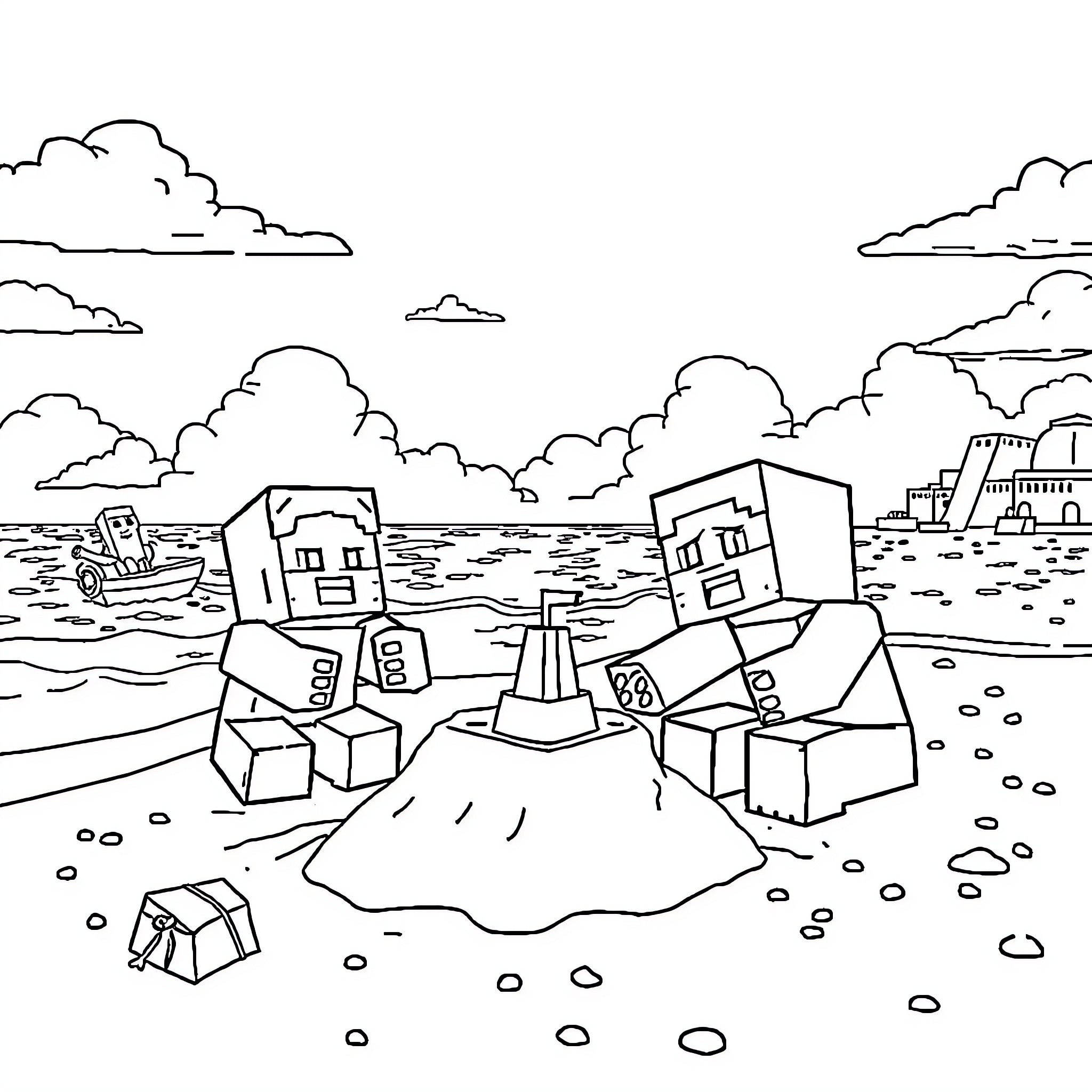 Minecraft characters exploring a landscape Coloring Page (free black-and-white line drawing printable PDF for all, from beginners to advanced learners, including children, teens, adults, and seniors)