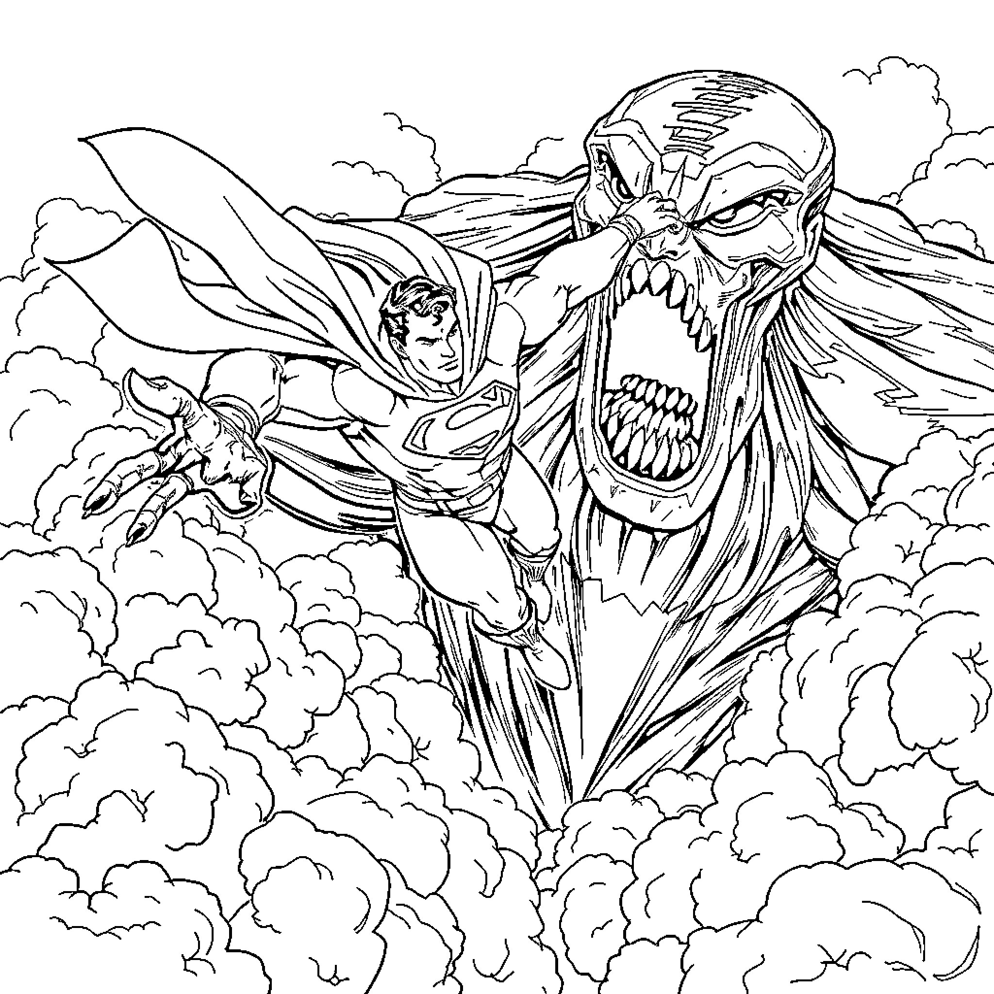 Superman battles a monstrous foe in the sky Coloring Page (free black-and-white line drawing printable PDF for all, from beginners to advanced learners, including children, teens, adults, and seniors)