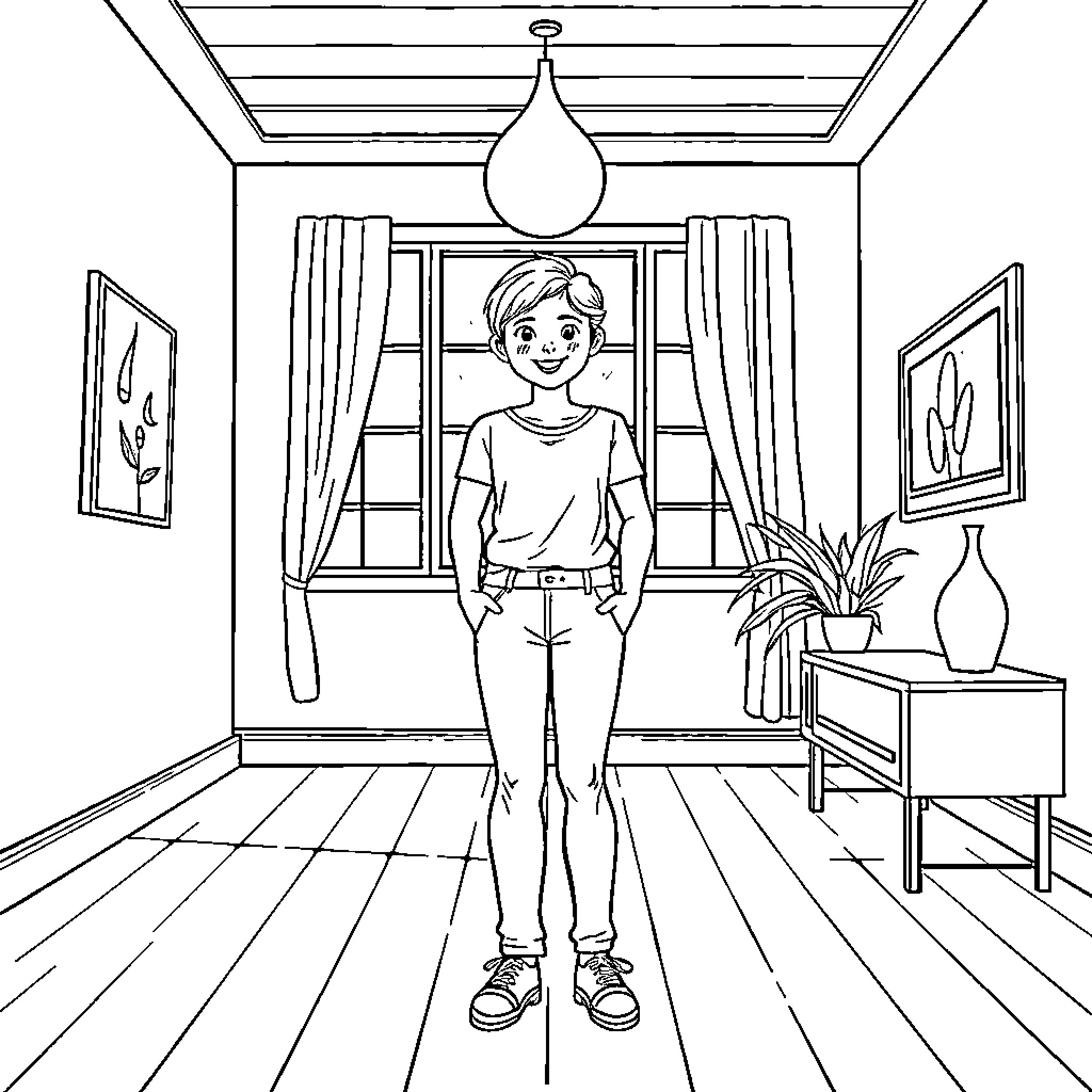 You standing confidently in a cozy indoor setting Coloring Page (free black-and-white line drawing printable PDF for all, from beginners to advanced learners, including children, teens, adults, and seniors)
