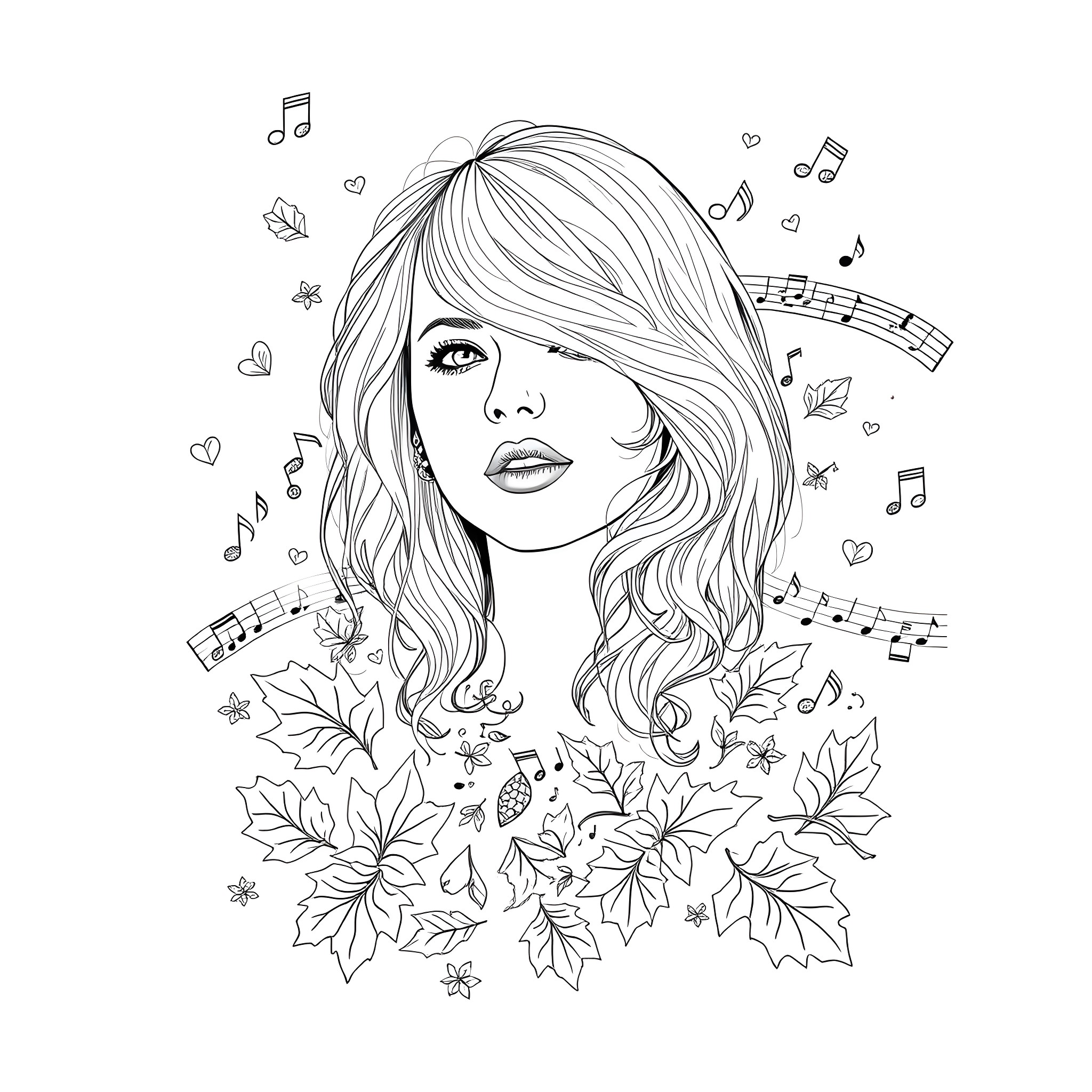 Taylor Swift as a whimsical musical icon Coloring Page (free black-and-white line drawing printable PDF for all, from beginners to advanced learners, including children, teens, adults, and seniors)