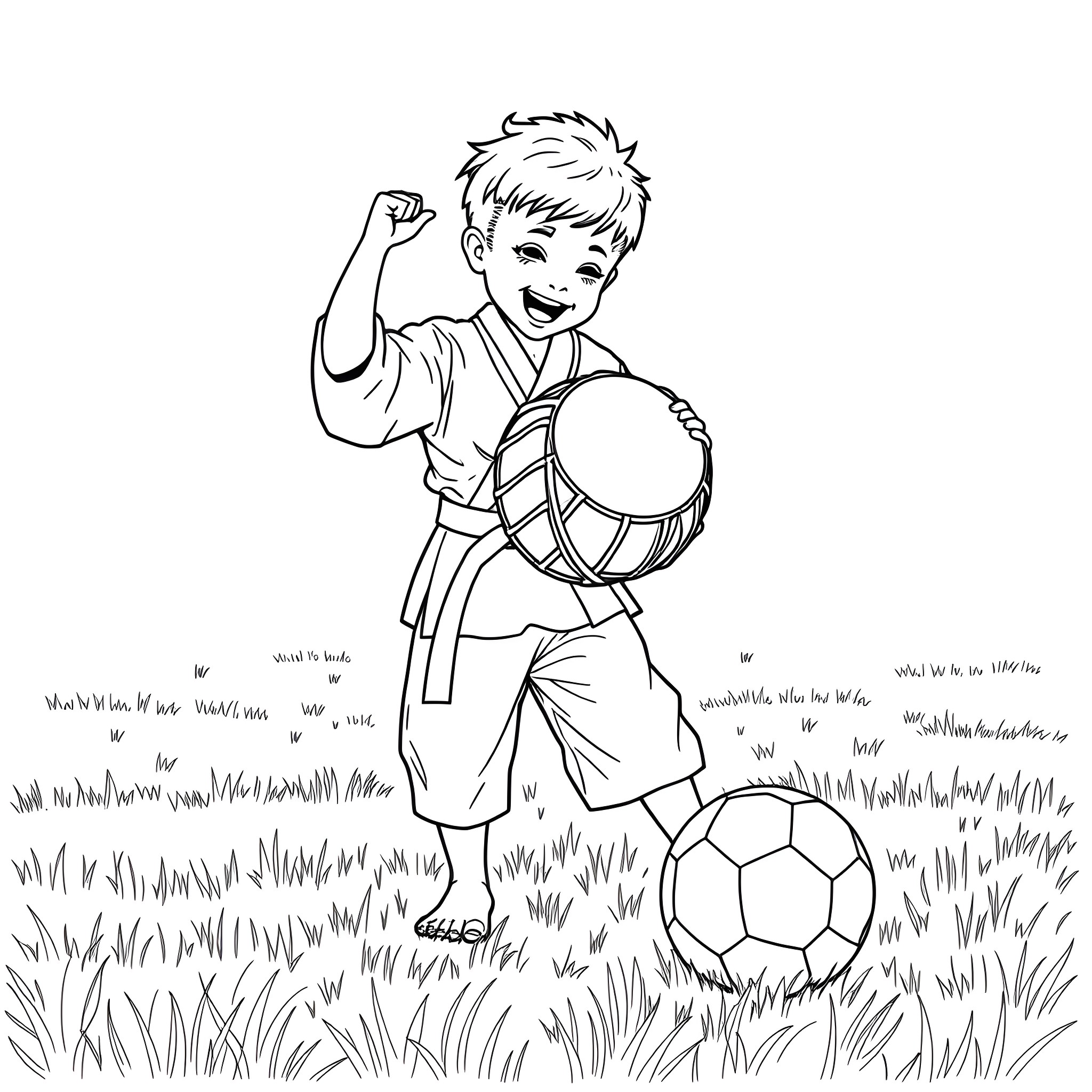 Boy playing with drum and ball in the field Coloring Page (free black-and-white line drawing printable PDF for all, from beginners to advanced learners, including children, teens, adults, and seniors)