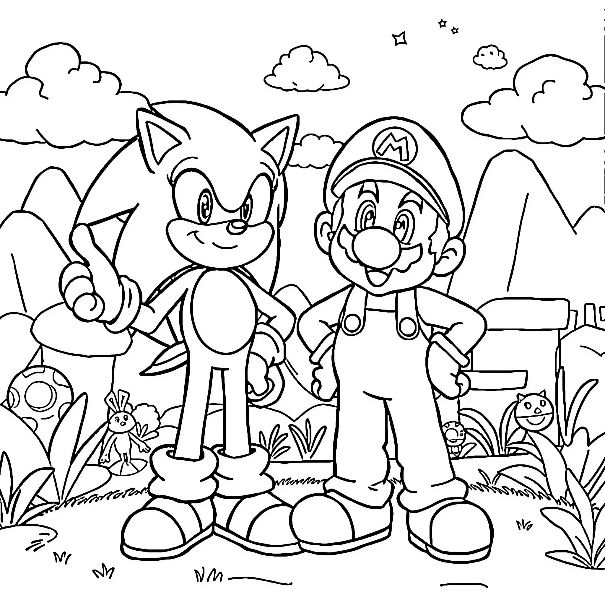Sonic and Mario's Adventurous Outing Coloring Page (free black-and-white line drawing printable PDF for all, from beginners to advanced learners, including children, teens, adults, and seniors)