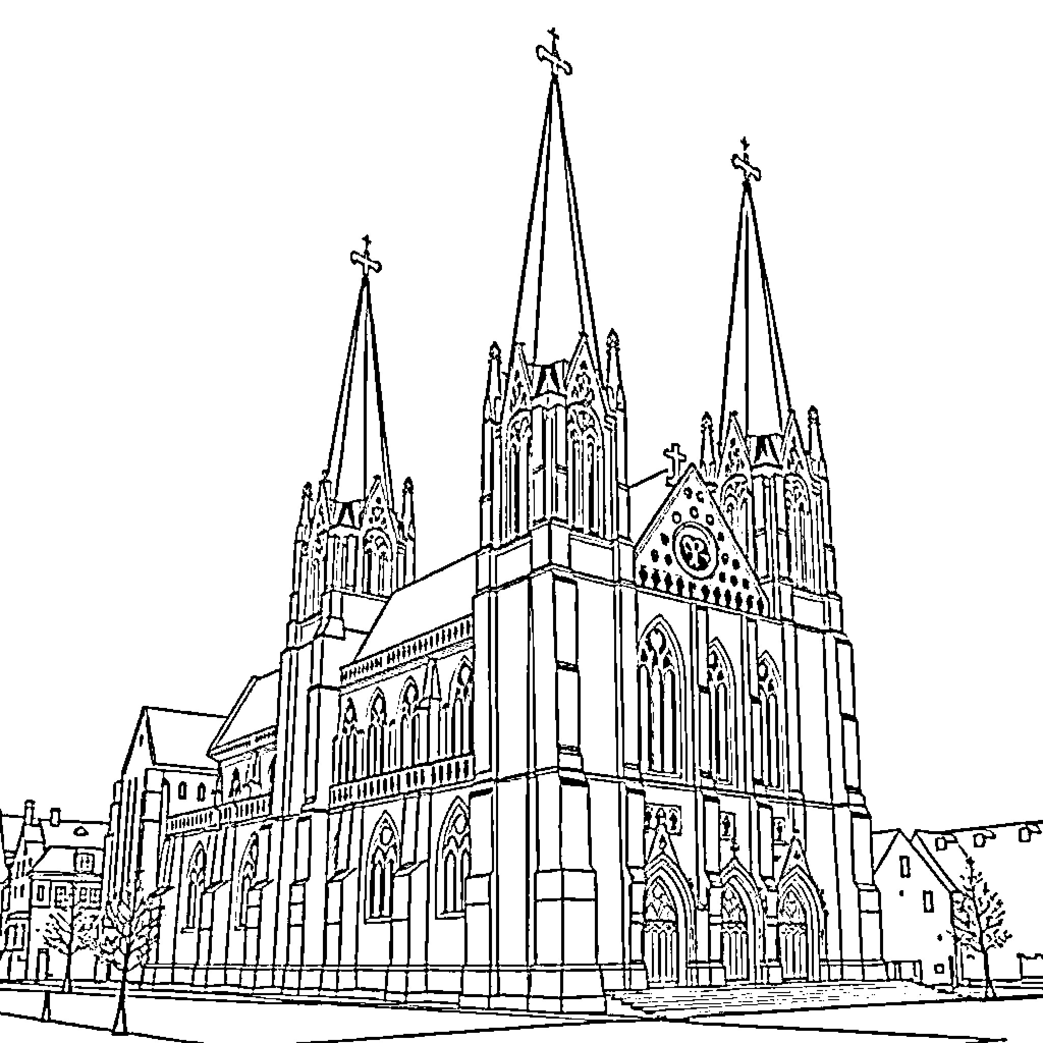 Church with Gothic architecture and spires Coloring Page (free black-and-white line drawing printable PDF for all, from beginners to advanced learners, including children, teens, adults, and seniors)