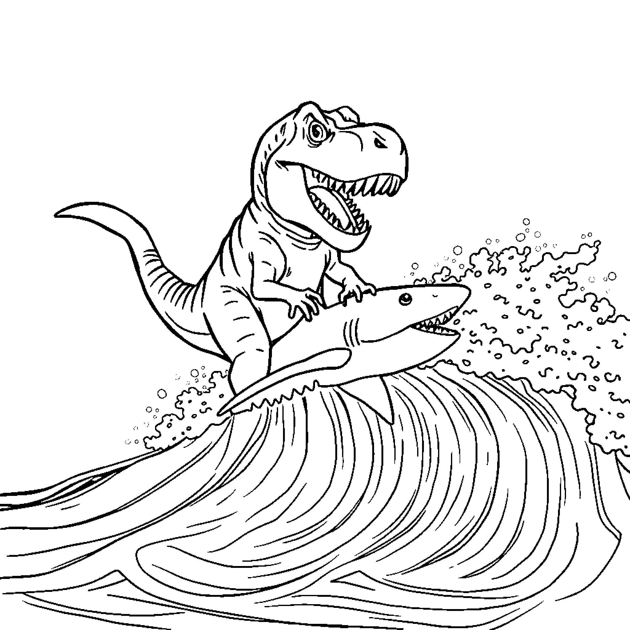 T-Rex surfing on a giant wave Coloring Page (free black-and-white line drawing printable PDF for all, from beginners to advanced learners, including children, teens, adults, and seniors)
