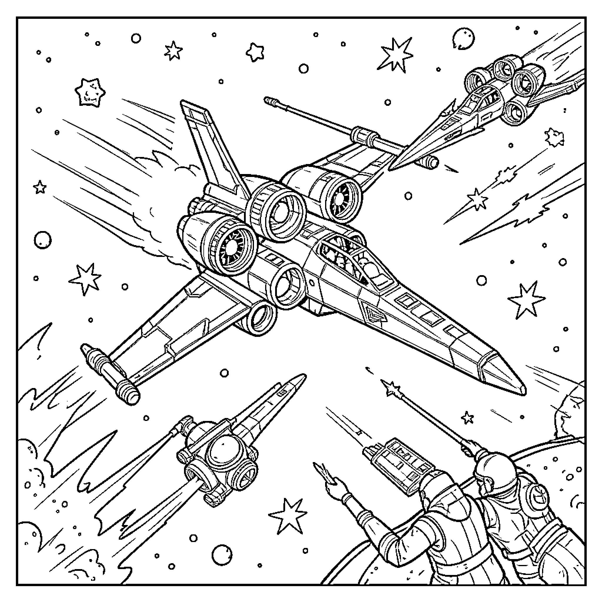 X-Wing starfighters engaging in an intense space battle Coloring Page (free black-and-white line drawing printable PDF for all, from beginners to advanced learners, including children, teens, adults, and seniors)