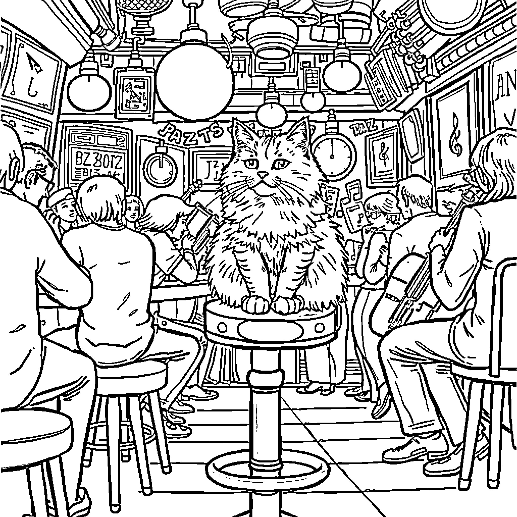 Cat in Crowded Cafe Scene Coloring Page (free black-and-white line drawing printable PDF for all, from beginners to advanced learners, including children, teens, adults, and seniors)