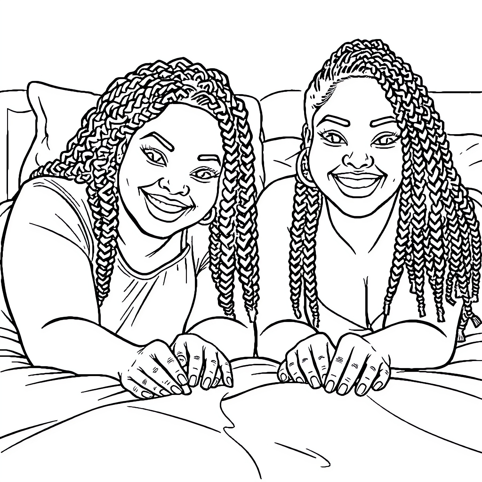 Women with Braided Hairstyles Posing Together Coloring Page (free black-and-white line drawing printable PDF for all, from beginners to advanced learners, including children, teens, adults, and seniors)