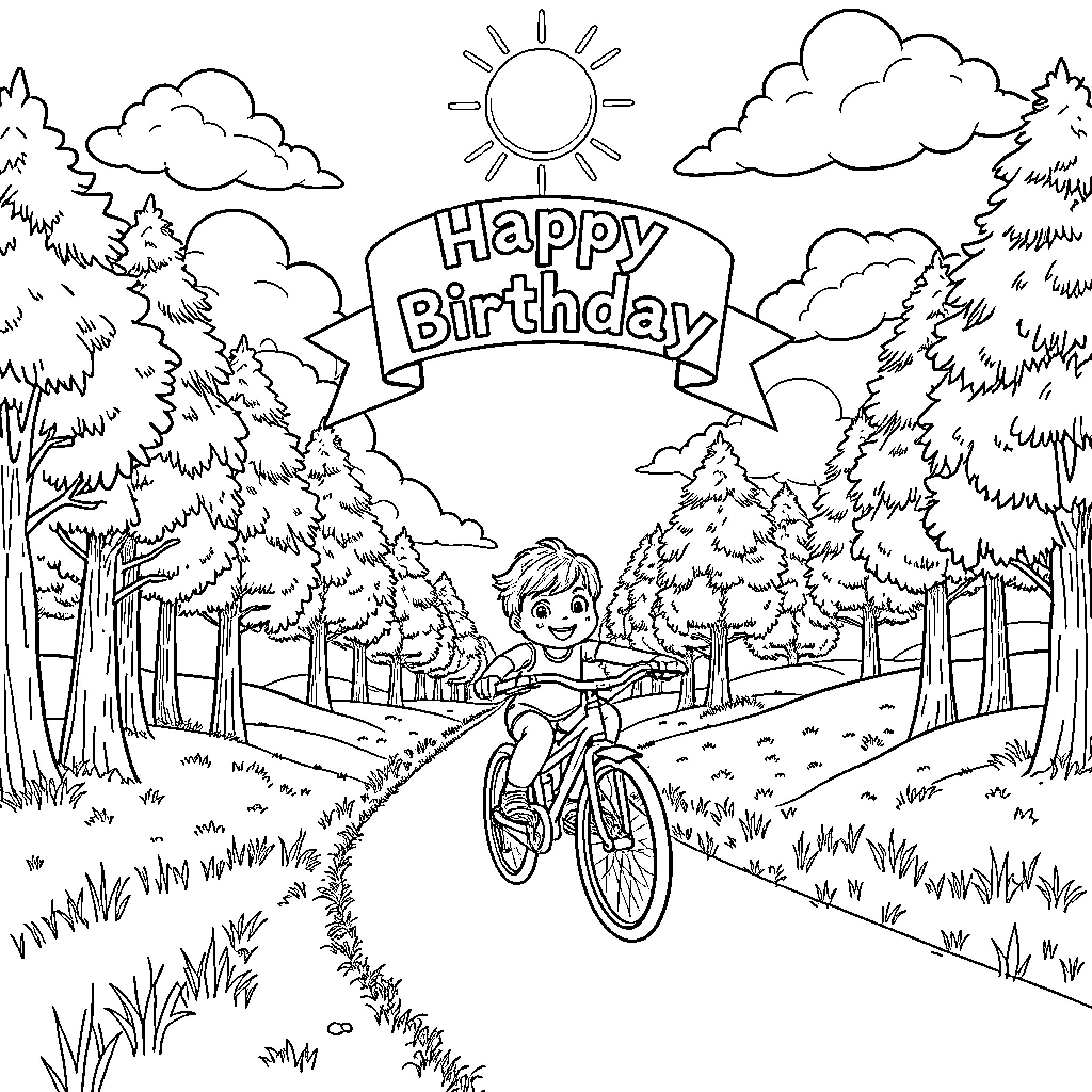 Kid riding bike in scenic forest with birthday wishes Coloring Page (free black-and-white line drawing printable PDF for all, from beginners to advanced learners, including children, teens, adults, and seniors)