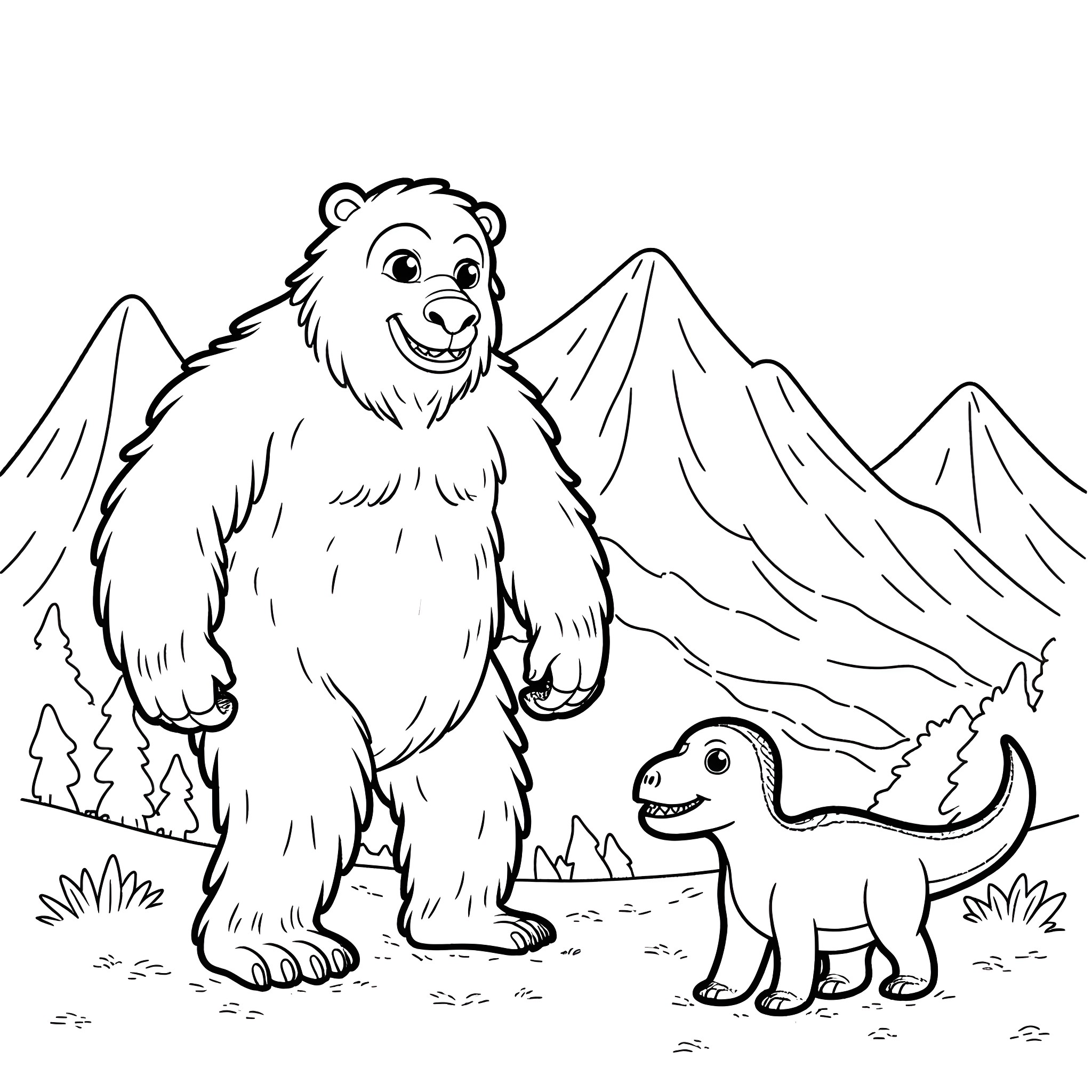 Yeti and Friendly Companion Explore Mountain Scenery Coloring Page (free black-and-white line drawing printable PDF for all, from beginners to advanced learners, including children, teens, adults, and seniors)