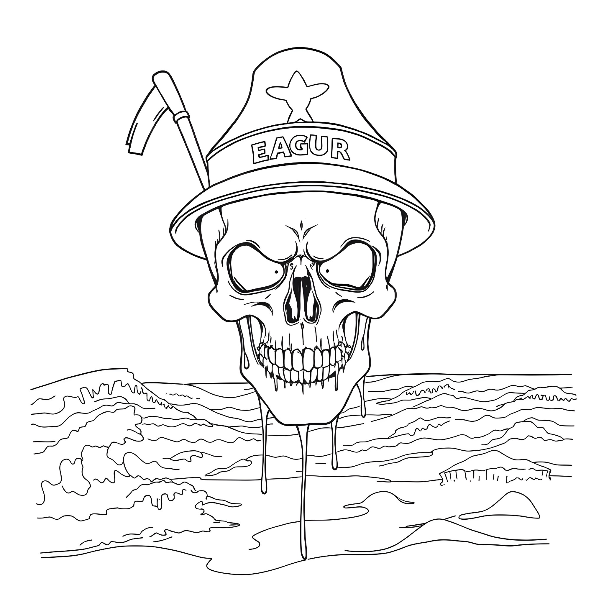 Skull with Eagur Hat and Scythe on Beach Coloring Page (free black-and-white line drawing printable PDF for all, from beginners to advanced learners, including children, teens, adults, and seniors)