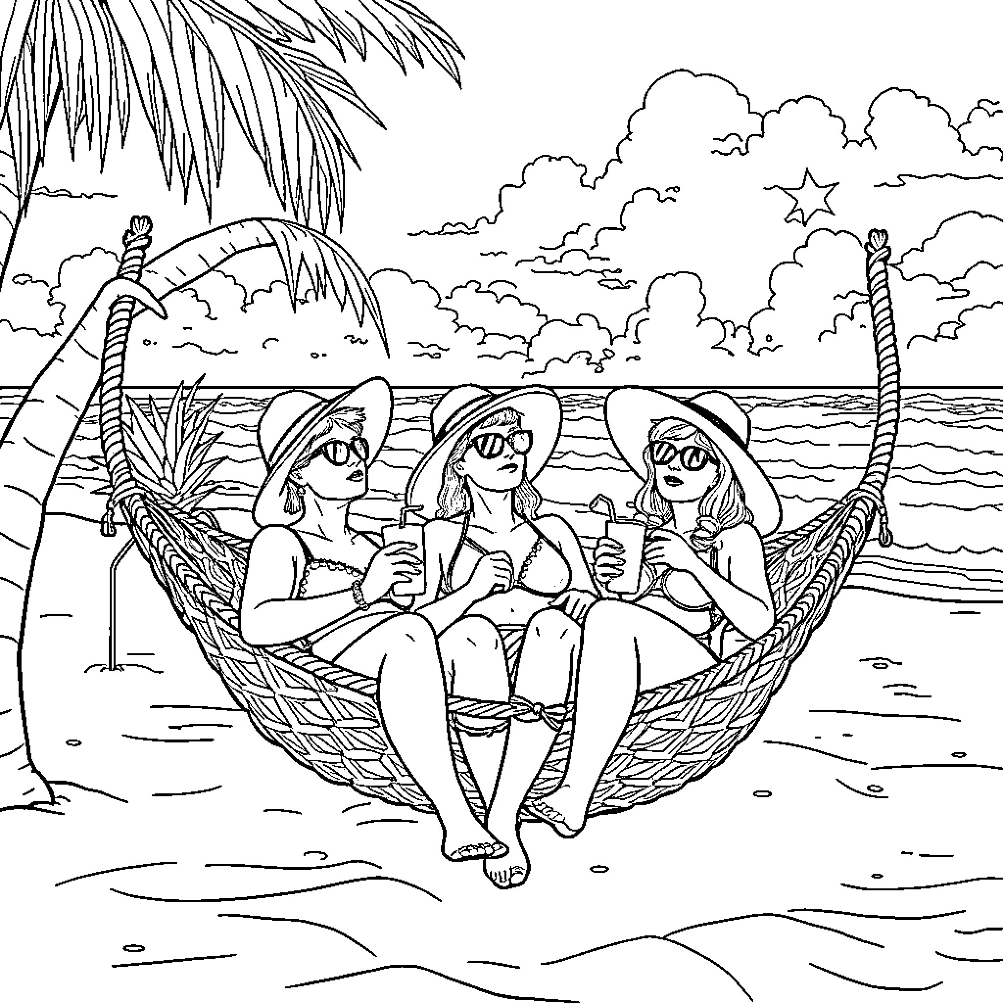 Mujeres disfrutando de un día en la playa Coloring Page (free black-and-white line drawing printable PDF for all, from beginners to advanced learners, including children, teens, adults, and seniors)