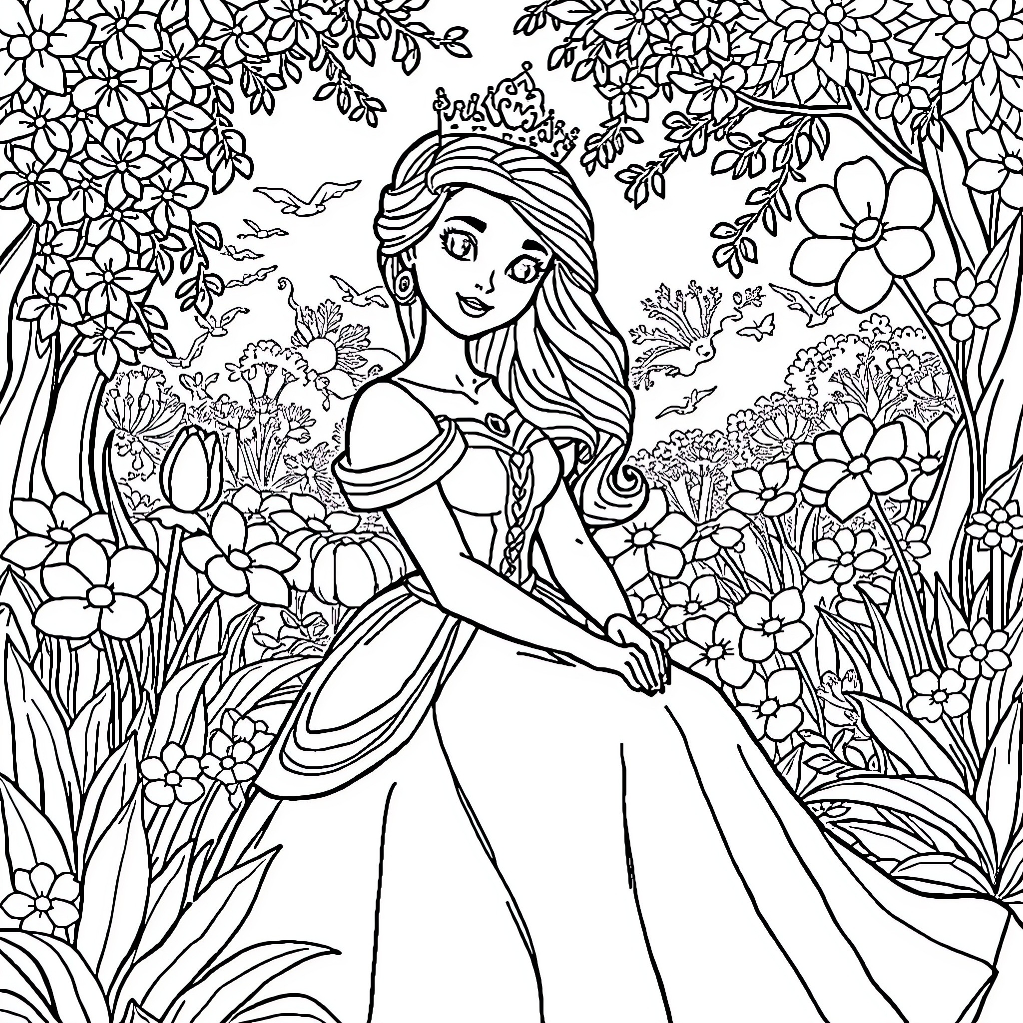Princess Sarah in a Floral Garden Coloring Page (free black-and-white line drawing printable PDF for all, from beginners to advanced learners, including children, teens, adults, and seniors)