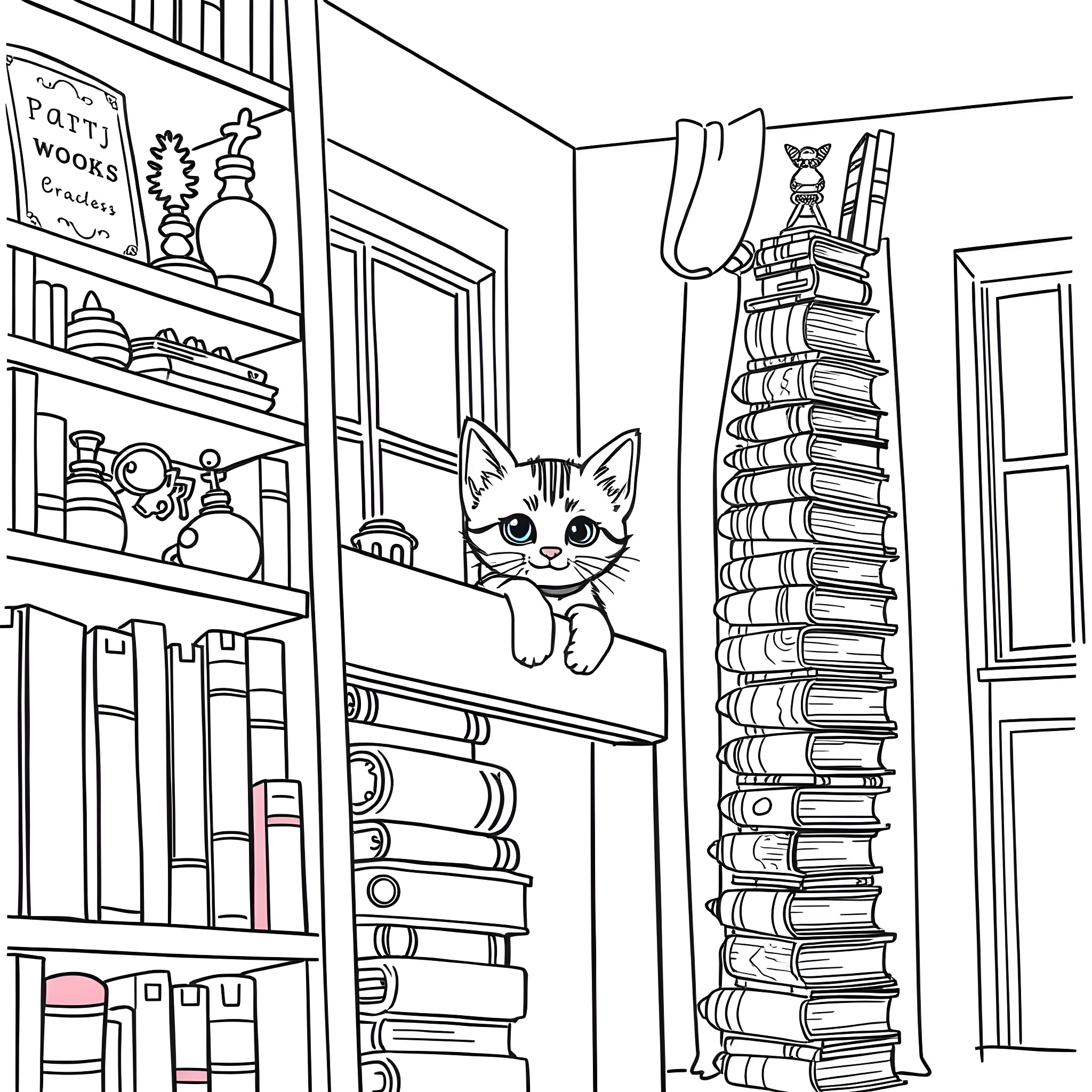 Kitten peeking from behind bookshelves in cozy library Coloring Page (free black-and-white line drawing printable PDF for all, from beginners to advanced learners, including children, teens, adults, and seniors)