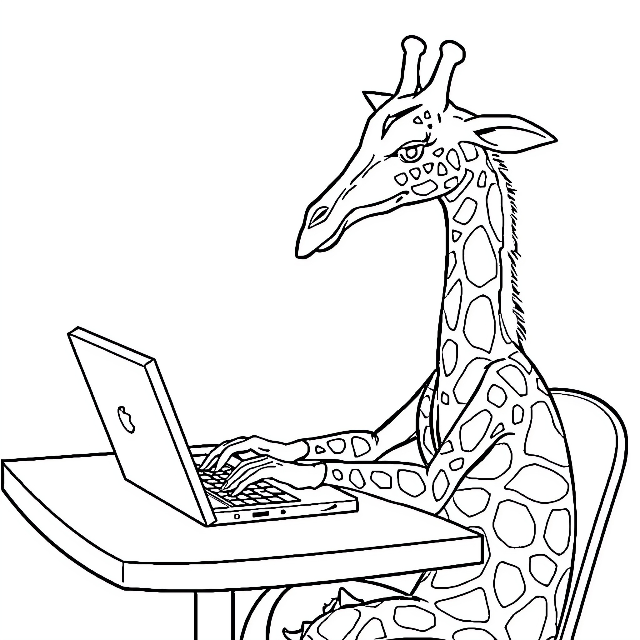 Giraffe using a laptop on a desk Coloring Page (free black-and-white line drawing printable PDF for all, from beginners to advanced learners, including children, teens, adults, and seniors)