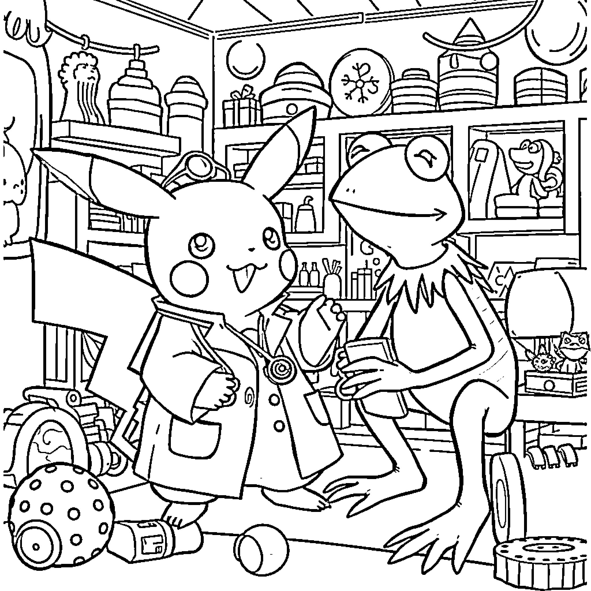Pikachu and Frog in Toy Workshop Coloring Page (free black-and-white line drawing printable PDF for all, from beginners to advanced learners, including children, teens, adults, and seniors)