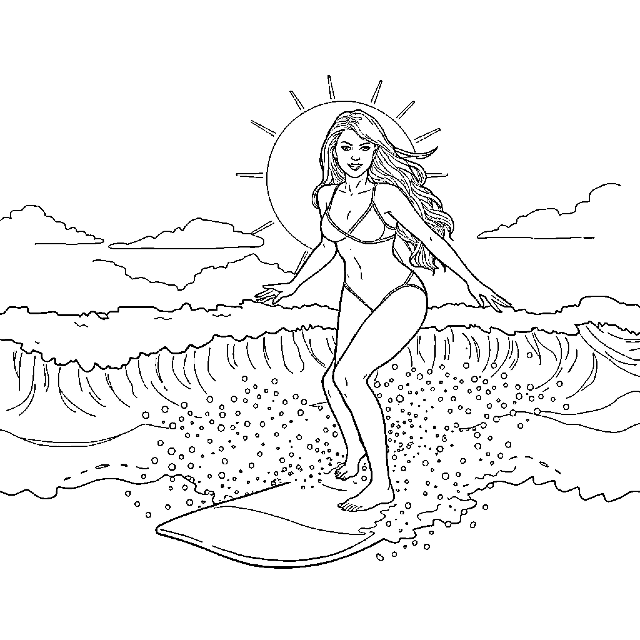 Britney Spears surfing on the waves Coloring Page (free black-and-white line drawing printable PDF for all, from beginners to advanced learners, including children, teens, adults, and seniors)