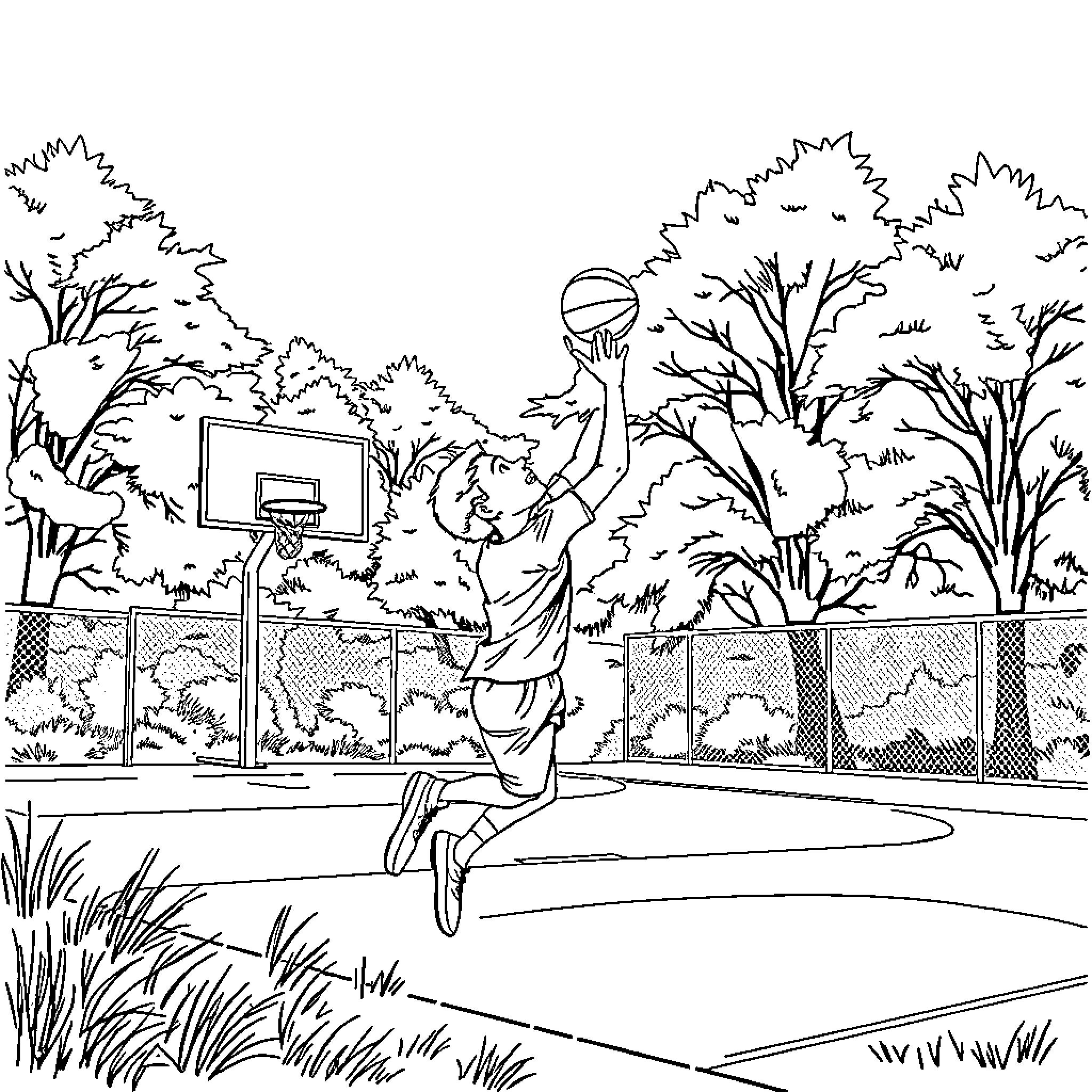 Basketteur playing outdoors on a sunny day Coloring Page (free black-and-white line drawing printable PDF for all, from beginners to advanced learners, including children, teens, adults, and seniors)