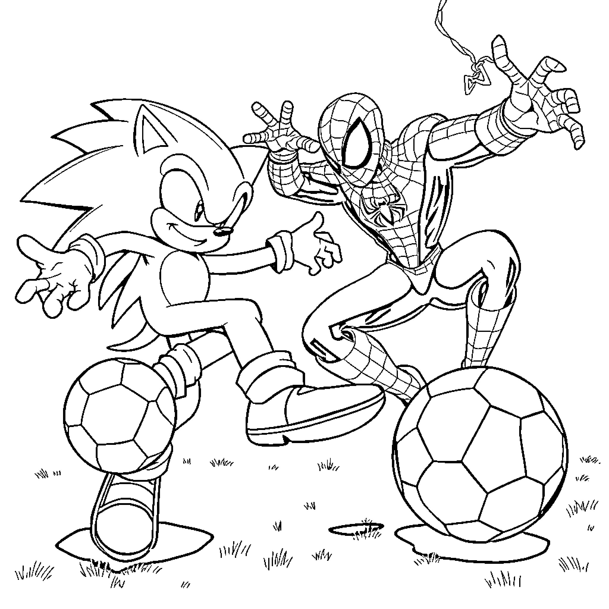 Sonic and Spider-Man playing soccer on the field Coloring Page (free black-and-white line drawing printable PDF for all, from beginners to advanced learners, including children, teens, adults, and seniors)