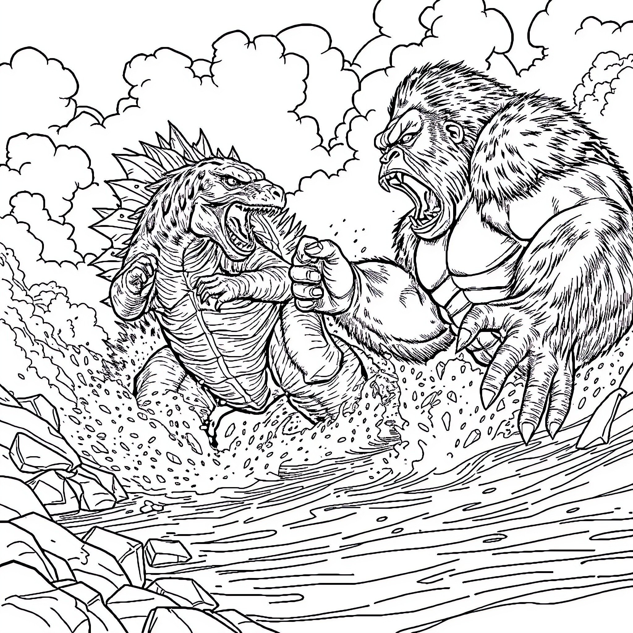 Godzilla vs. Fearsome Beast Clash in Clouds Coloring Page (free black-and-white line drawing printable PDF for all, from beginners to advanced learners, including children, teens, adults, and seniors)