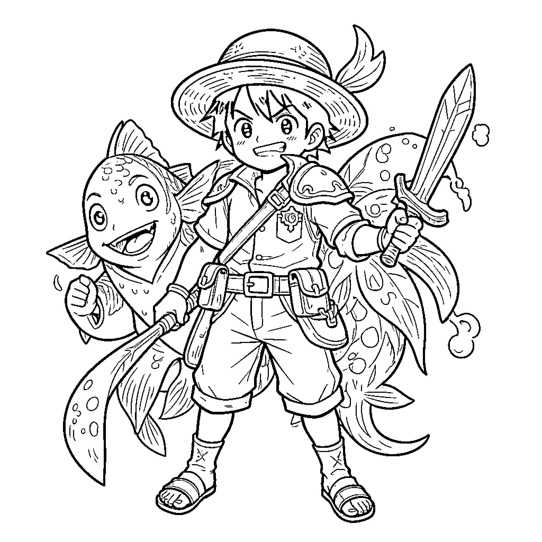 Usopp standing heroically with a giant fish and sword Coloring Page (free black-and-white line drawing printable PDF for all, from beginners to advanced learners, including children, teens, adults, and seniors)