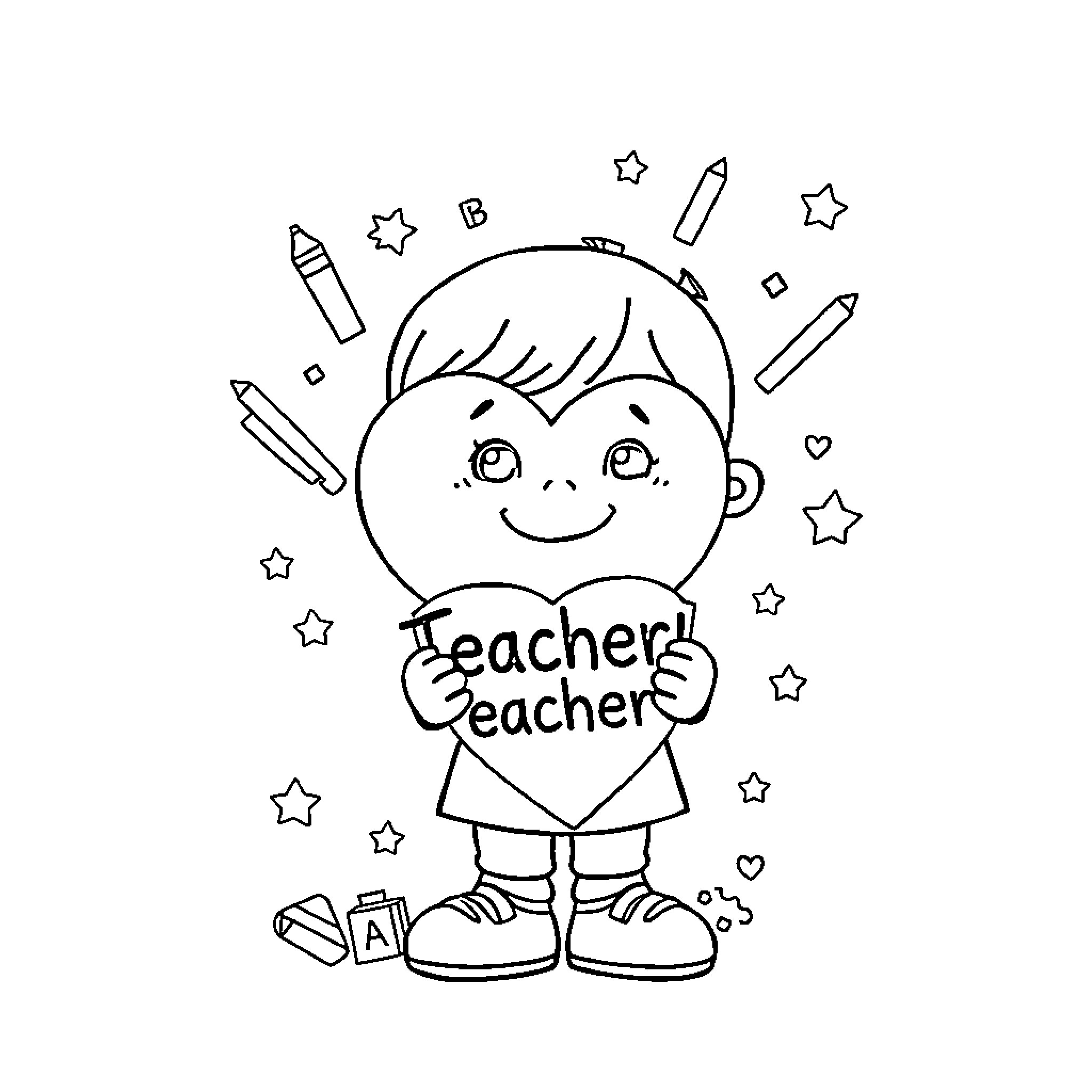 Child joyfully celebrating as a teacher Coloring Page (free black-and-white line drawing printable PDF for all, from beginners to advanced learners, including children, teens, adults, and seniors)