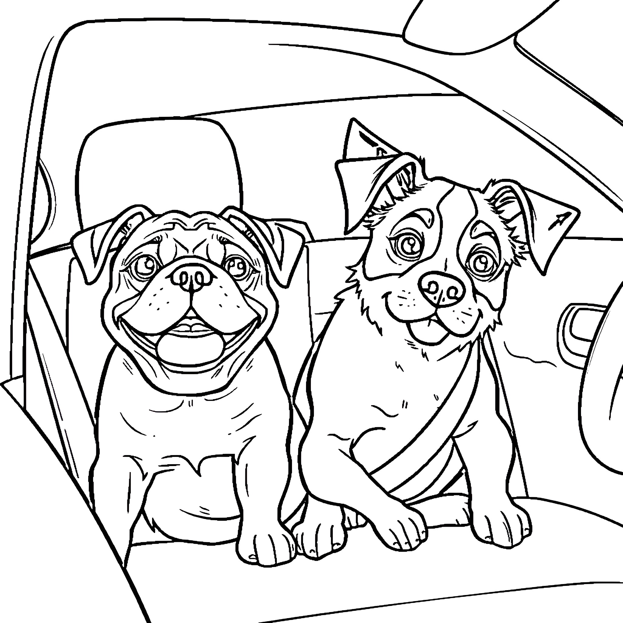 Dog Companions Sitting in Car Coloring Page (free black-and-white line drawing printable PDF for all, from beginners to advanced learners, including children, teens, adults, and seniors)
