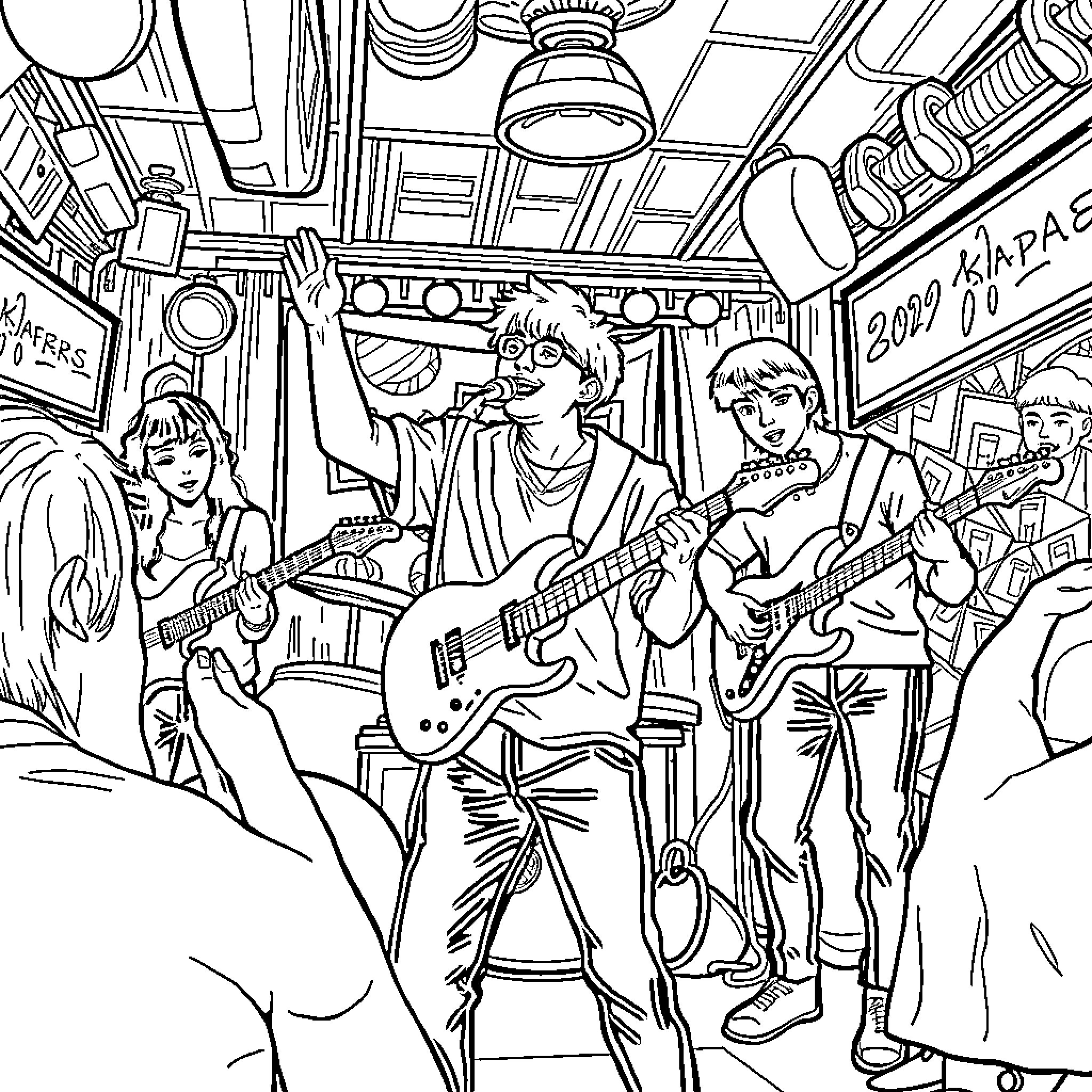 K Pop Musicians Performing on Stage Coloring Page (free black-and-white line drawing printable PDF for all, from beginners to advanced learners, including children, teens, adults, and seniors)