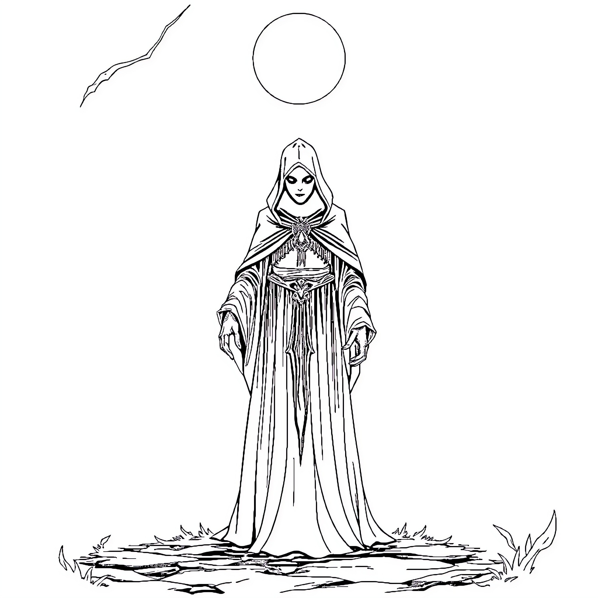 Horror Linera: Mystical Cloaked Figure Coloring Page (free black-and-white line drawing printable PDF for all, from beginners to advanced learners, including children, teens, adults, and seniors)