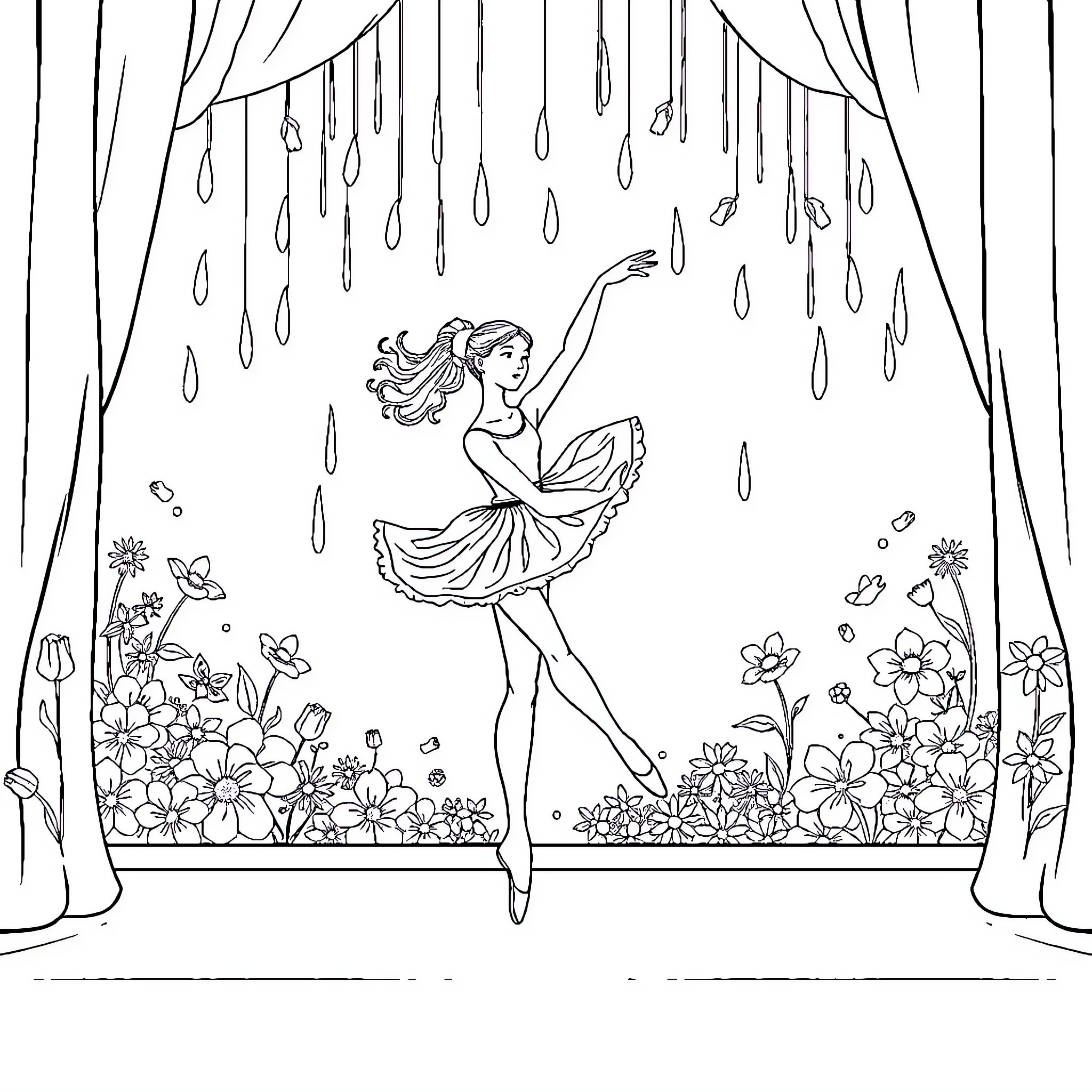 Ballerina dancing gracefully on stage with floral backdrop Coloring Page (free black-and-white line drawing printable PDF for all, from beginners to advanced learners, including children, teens, adults, and seniors)
