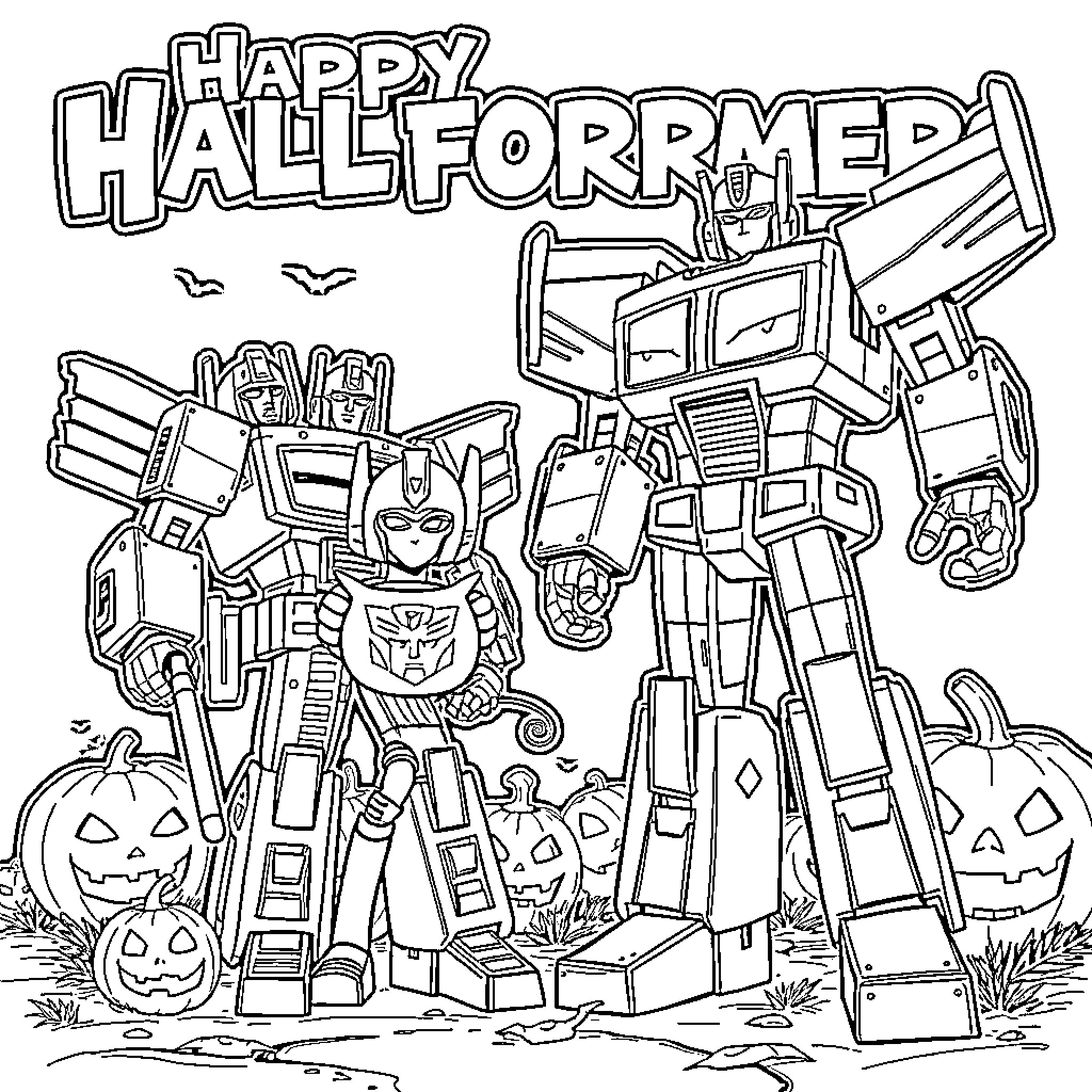 Transformer robots celebrating Halloween Coloring Page (free black-and-white line drawing printable PDF for all, from beginners to advanced learners, including children, teens, adults, and seniors)