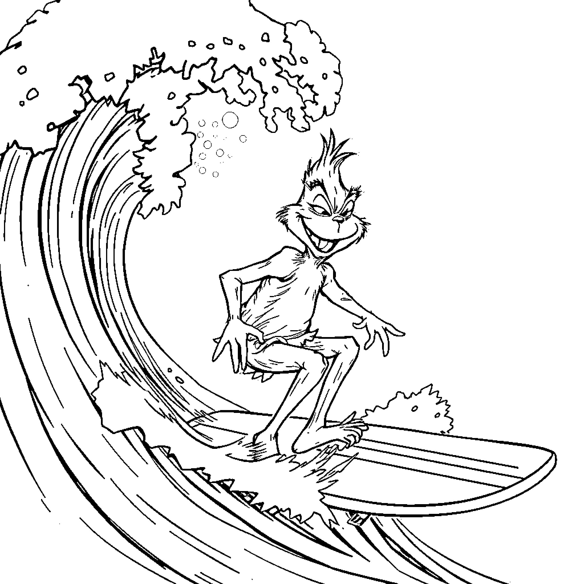 Grinch surfing on a giant wave Coloring Page (free black-and-white line drawing printable PDF for all, from beginners to advanced learners, including children, teens, adults, and seniors)