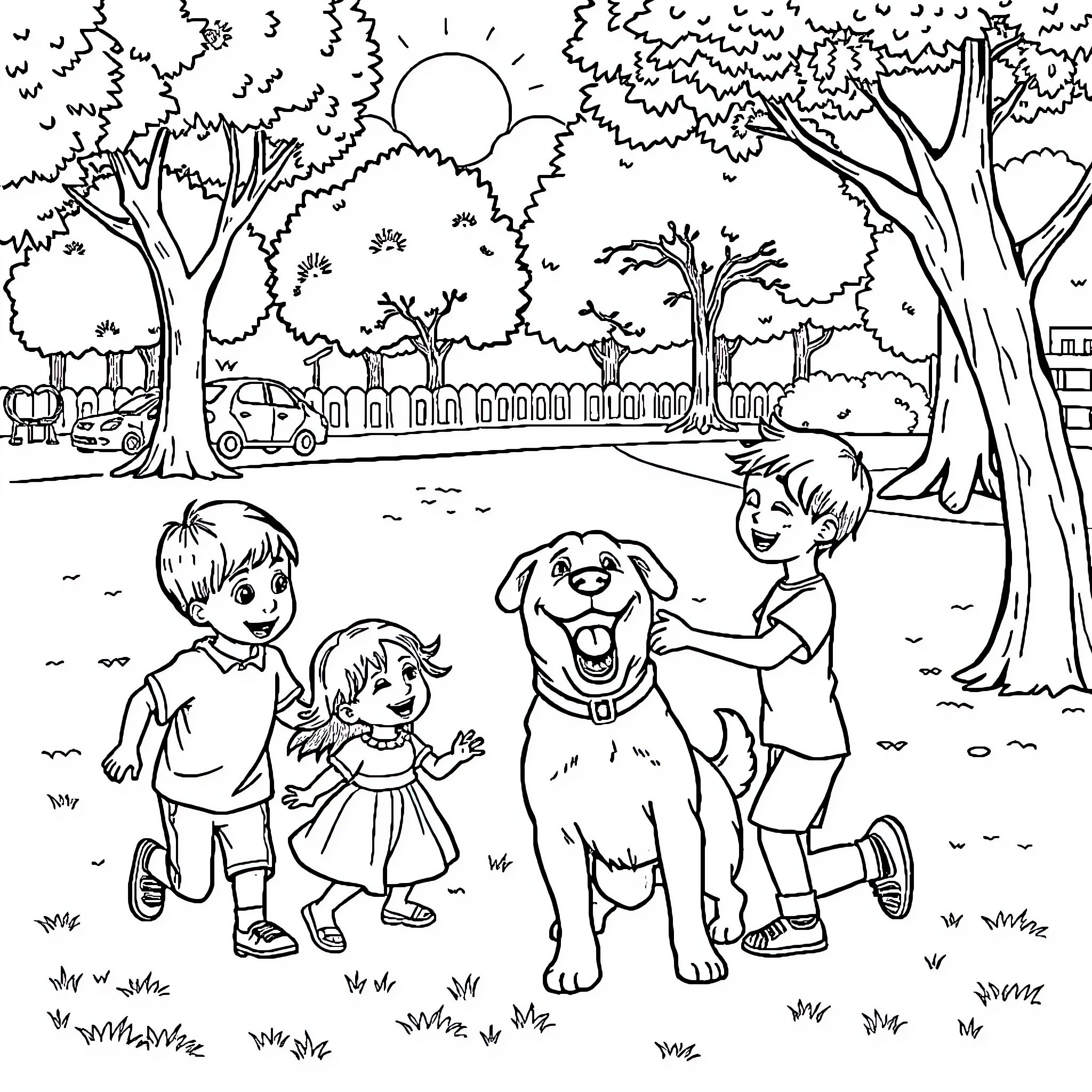 Dog playing with children in the park Coloring Page (free black-and-white line drawing printable PDF for all, from beginners to advanced learners, including children, teens, adults, and seniors)