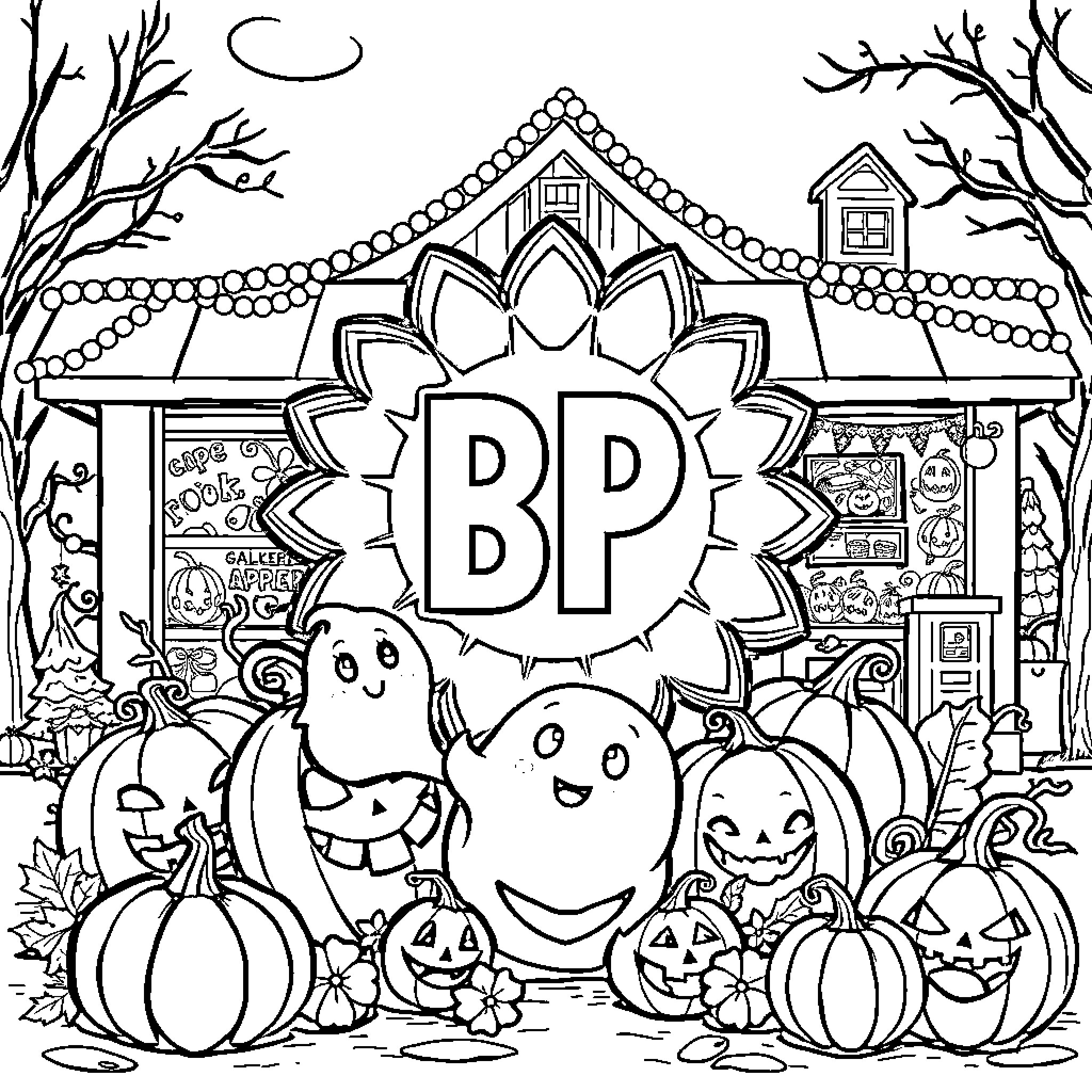 Pumpkin characters celebrating in front of a festival tent Coloring Page (free black-and-white line drawing printable PDF for all, from beginners to advanced learners, including children, teens, adults, and seniors)